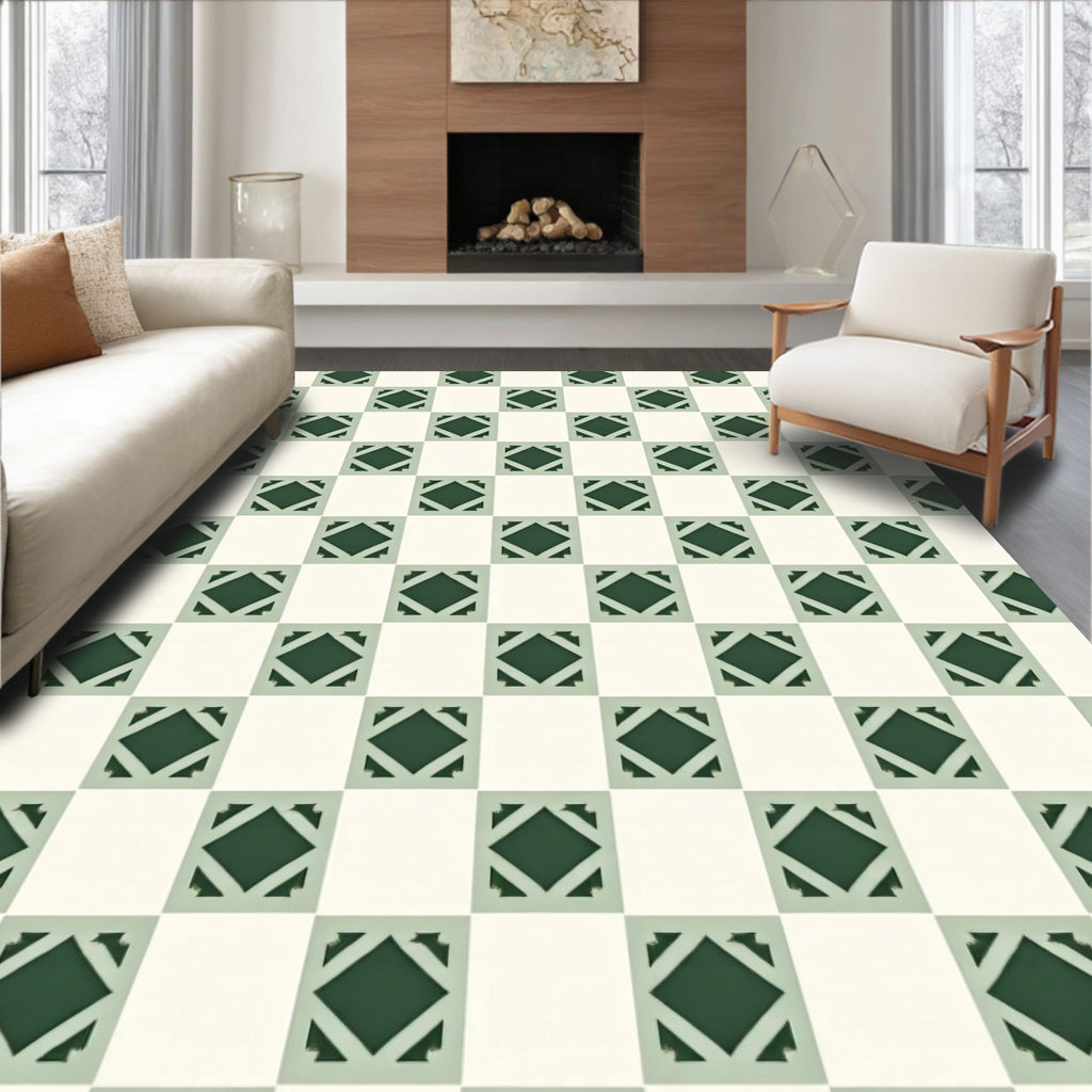 Green and Cream Tiled Diamond Rug