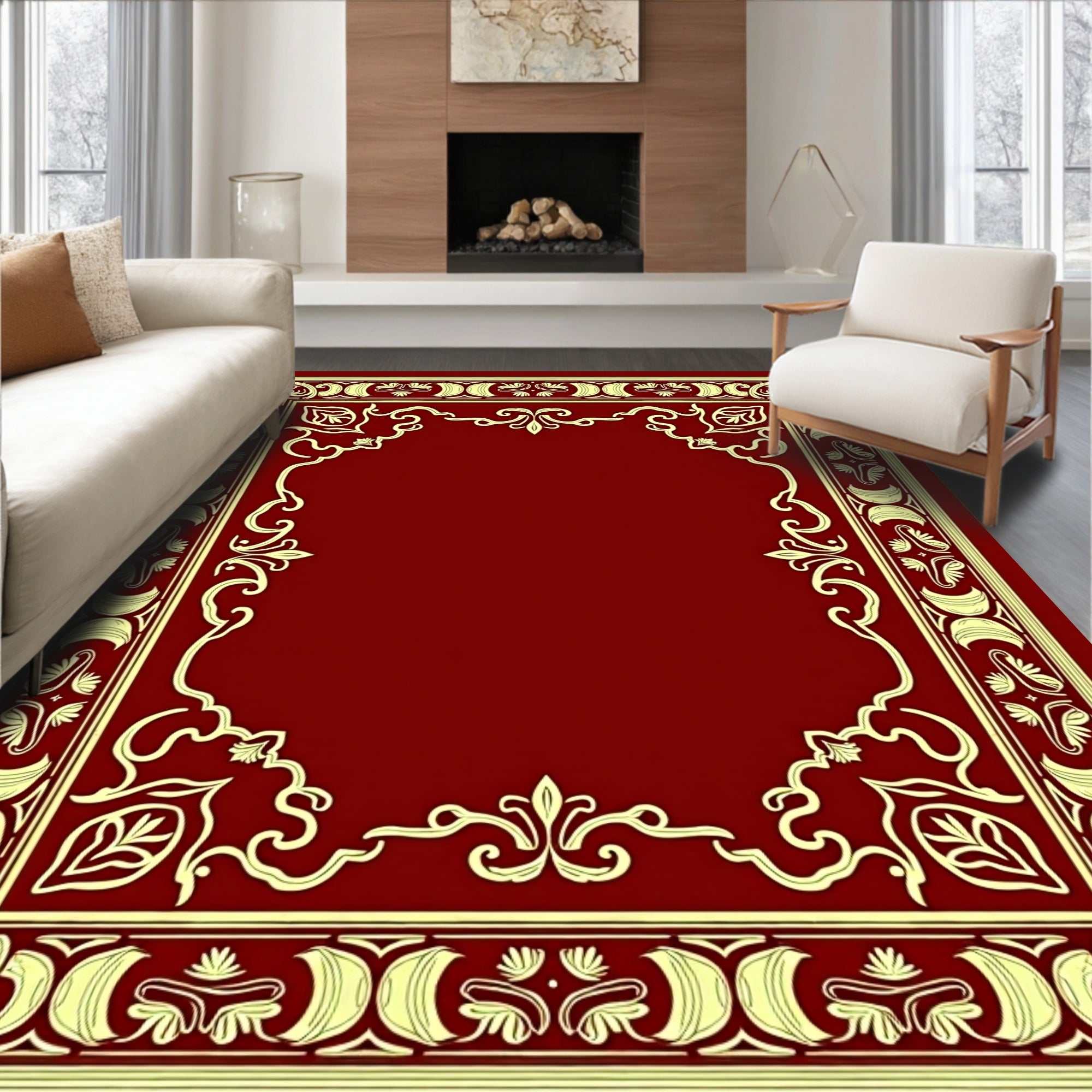 Crimson Gold Floral Scroll Border Rug