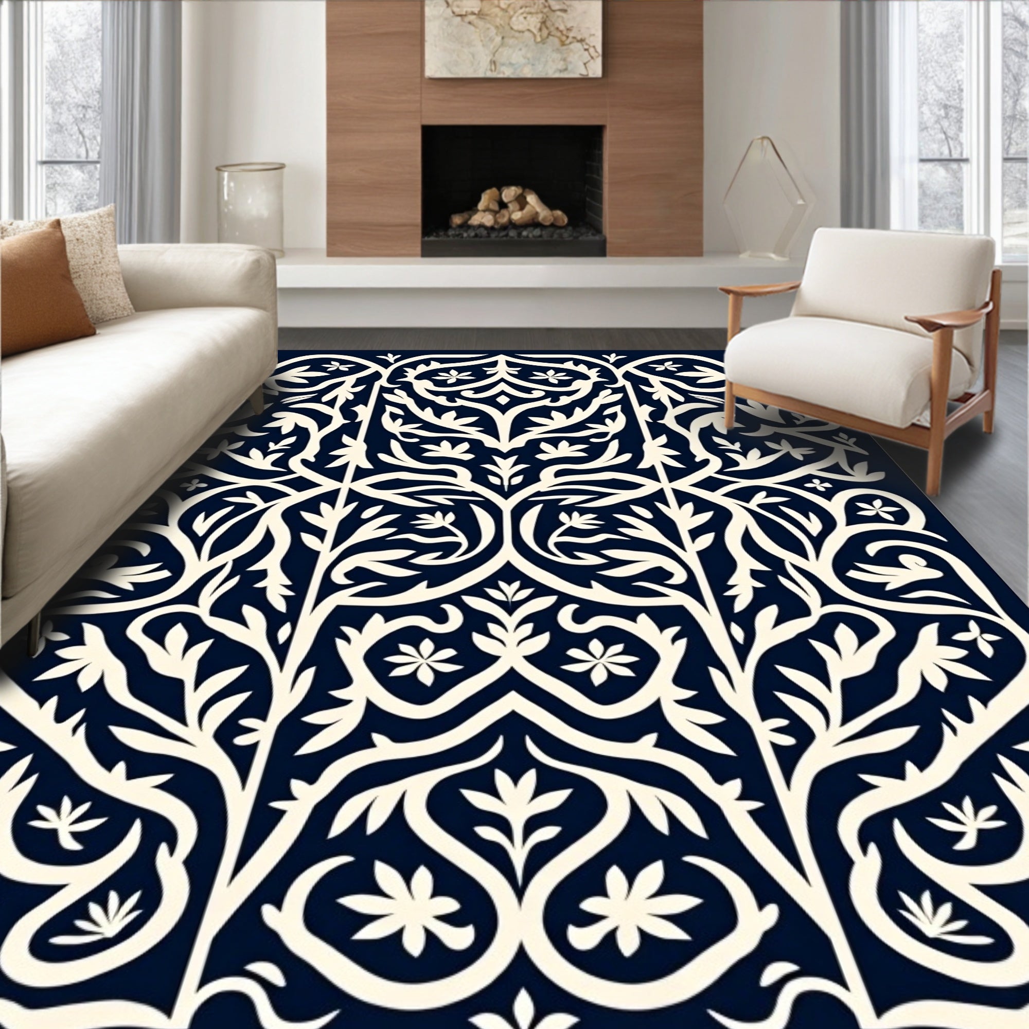 Deep Navy Ivory Floral Archway Rug