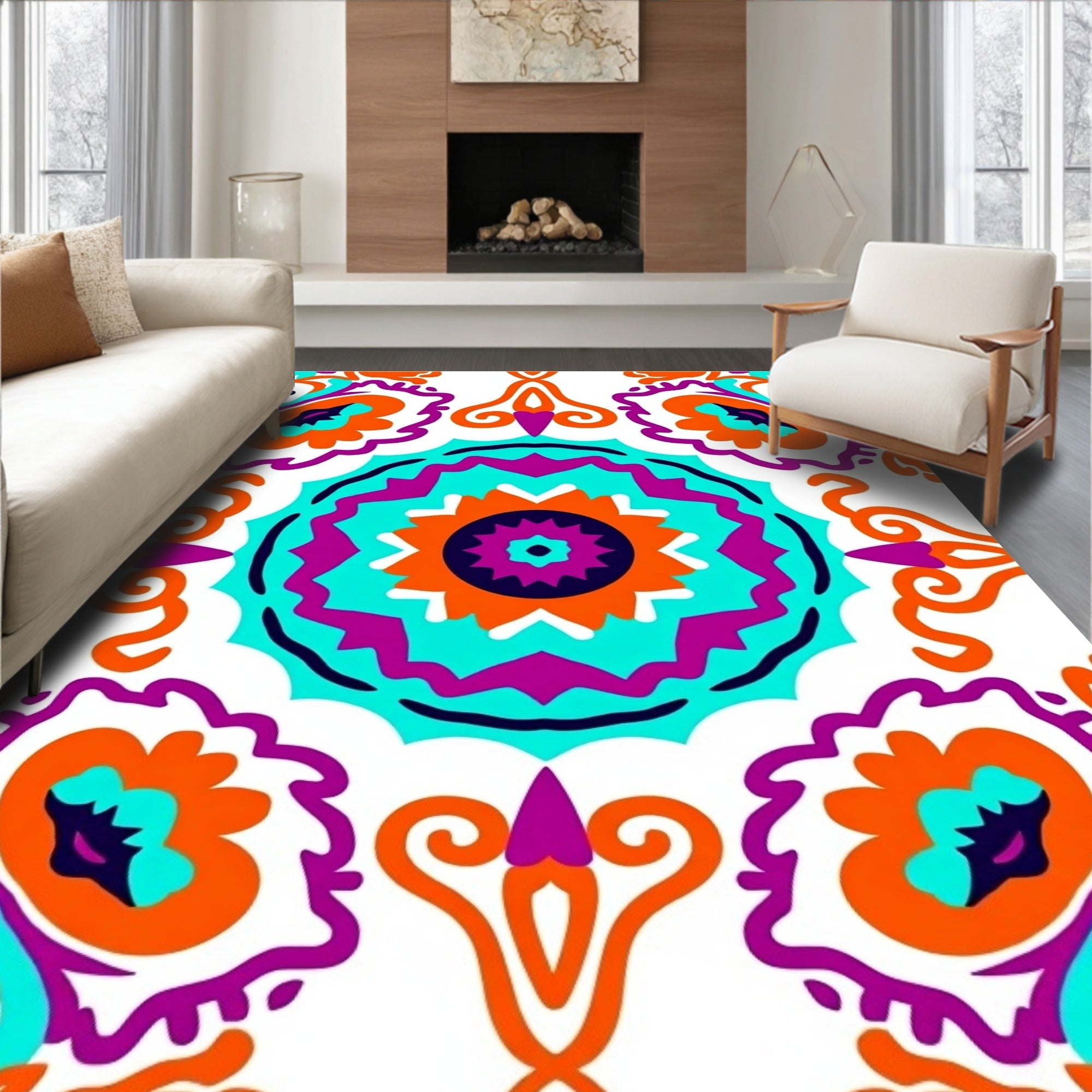 Vibrant Orange Teal Mandala MedallionRug Rug