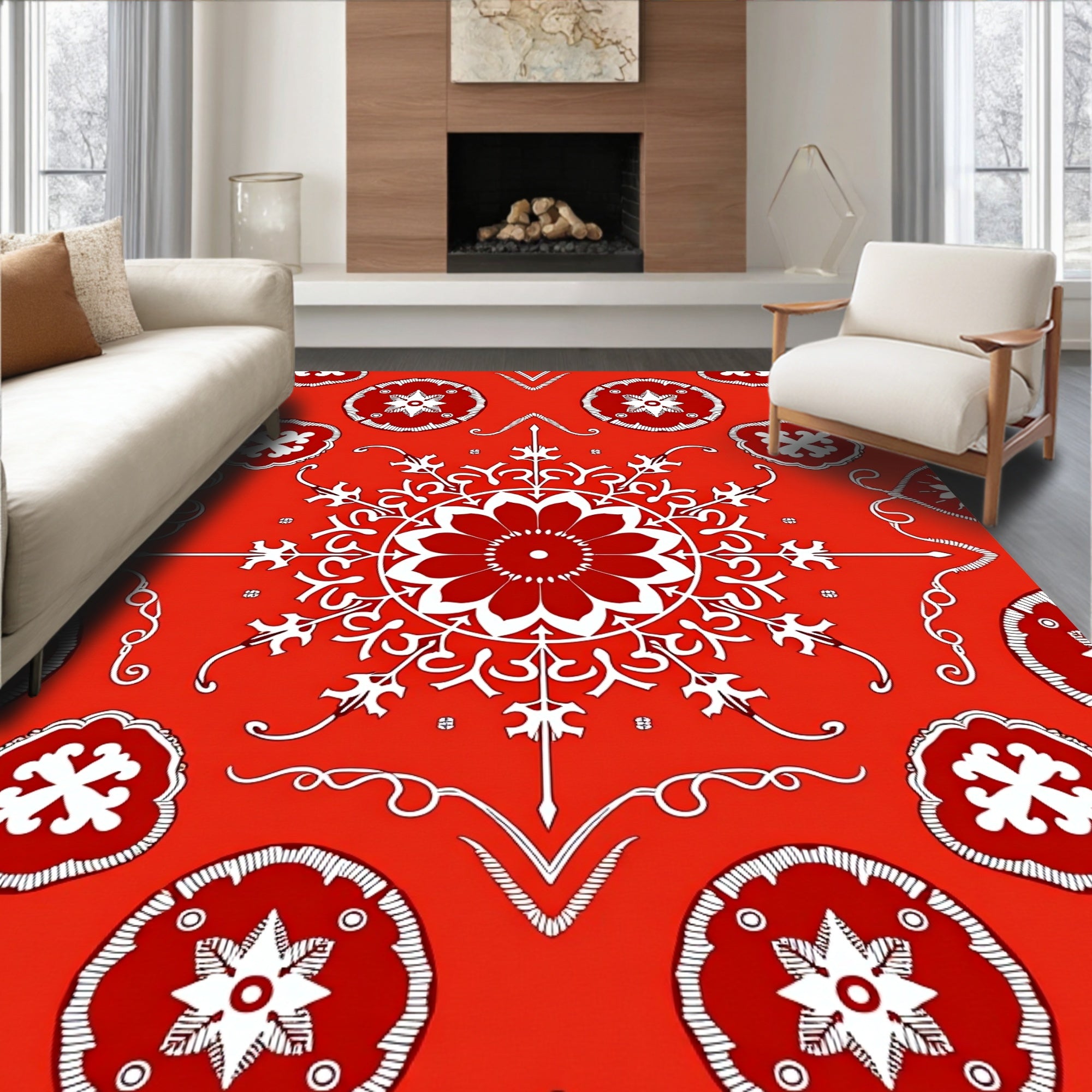 Vivid Red Floral Medallion Mandala Rug