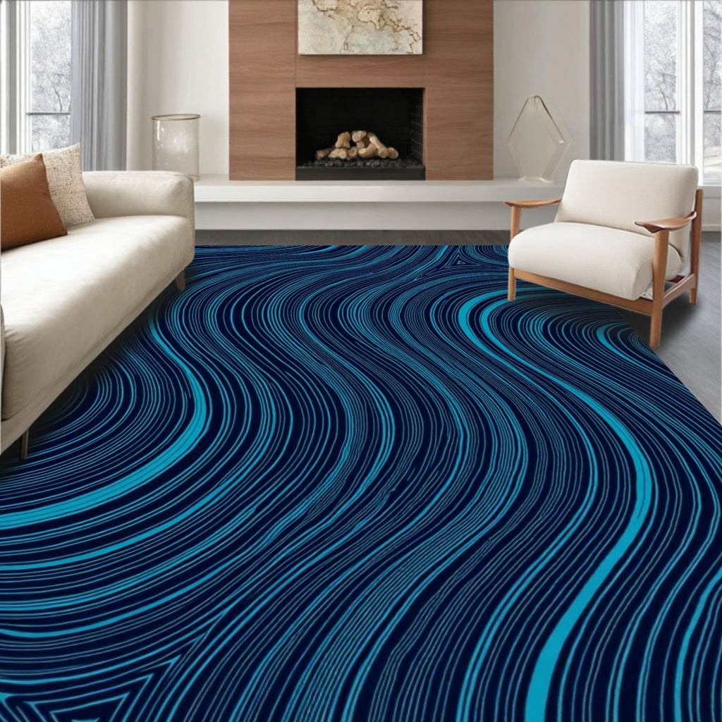 Deep Blue Wavy Line Art Rug