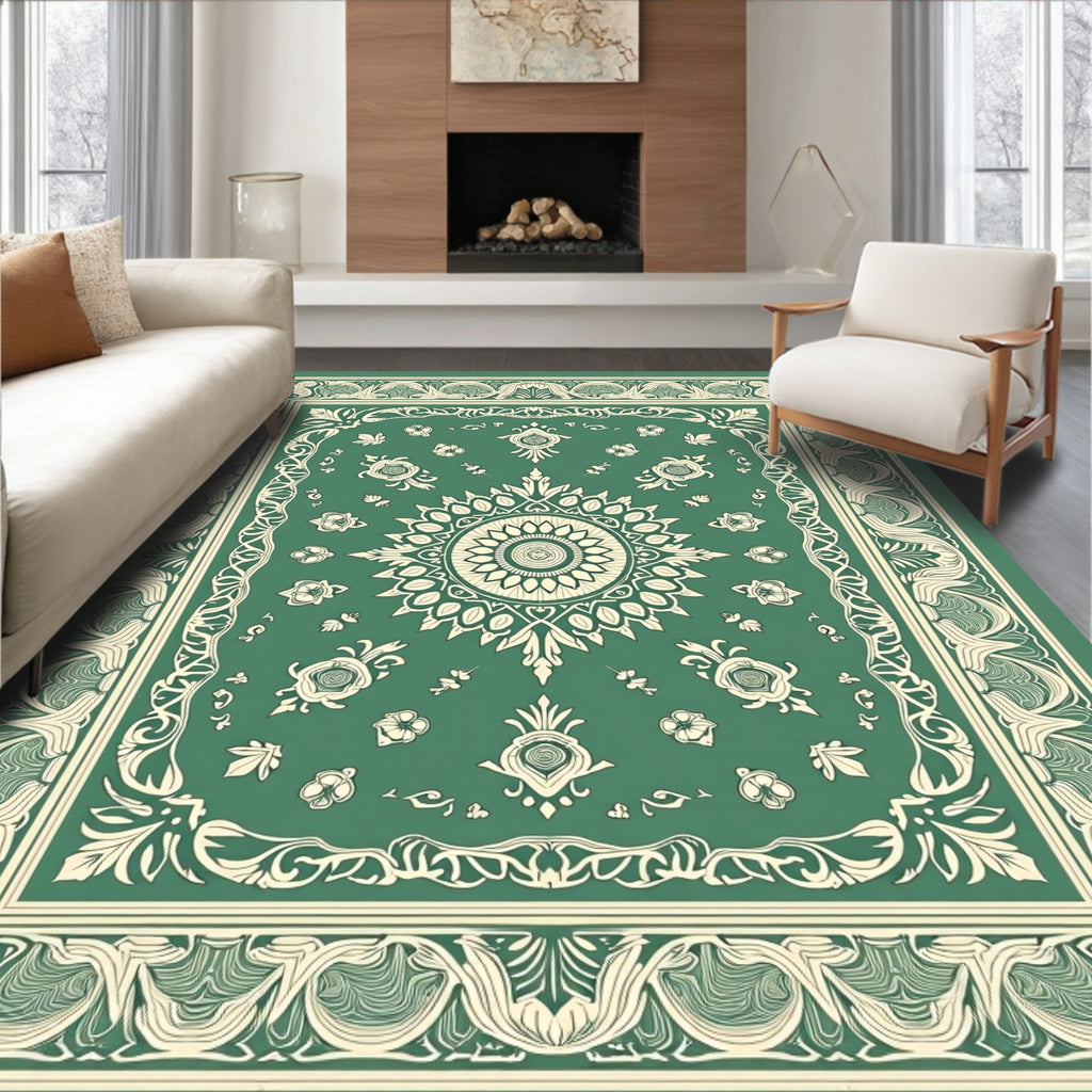 Emerald Ivory Floral Medallion Border Rug