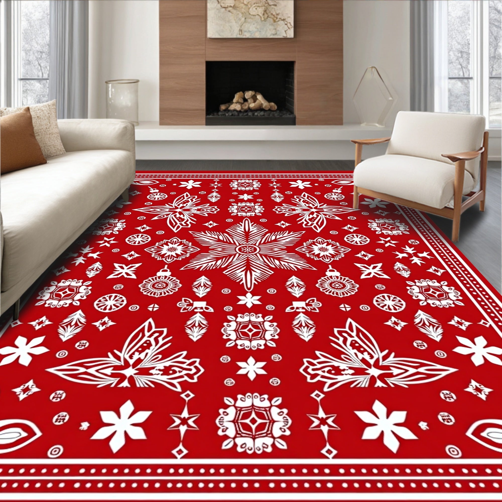 Red White Festive Ornate Floral Butterfly Rug