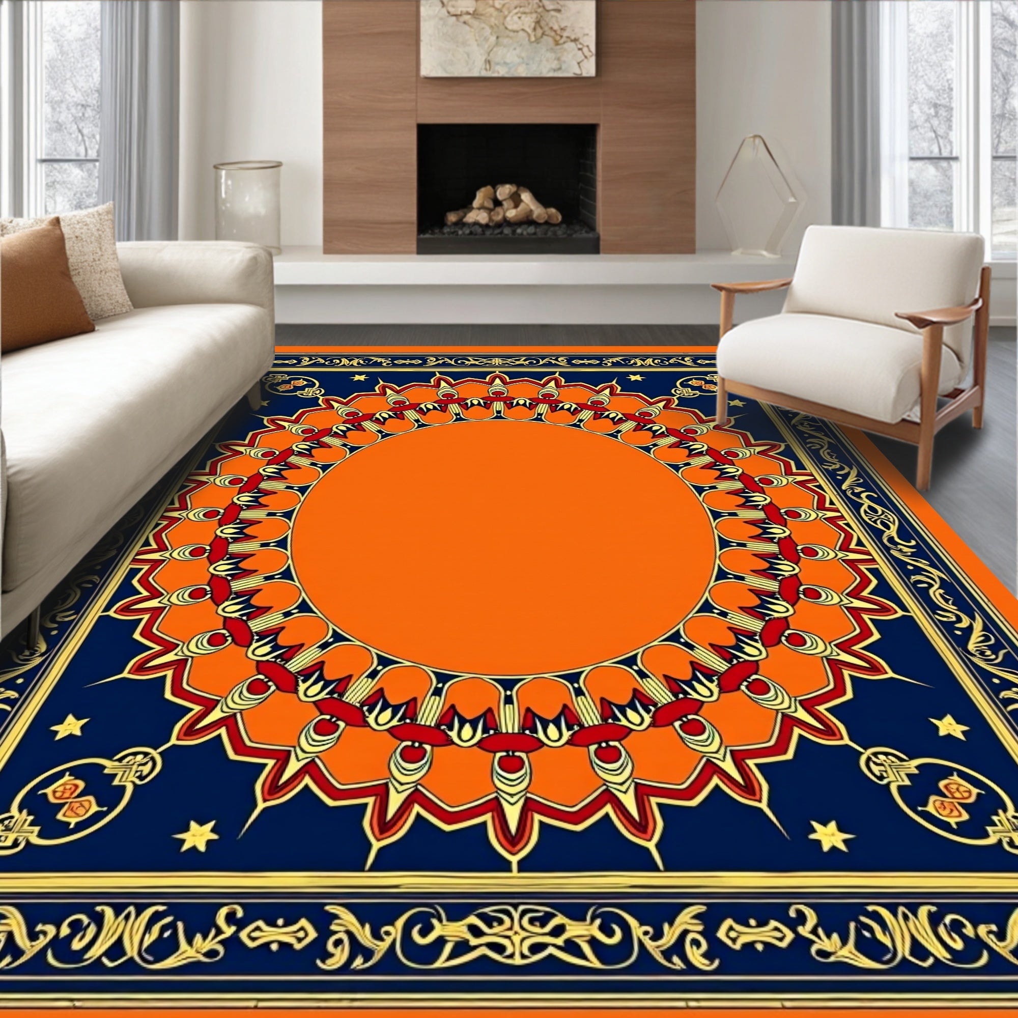 Vibrant Orange Sunburst Border Rug