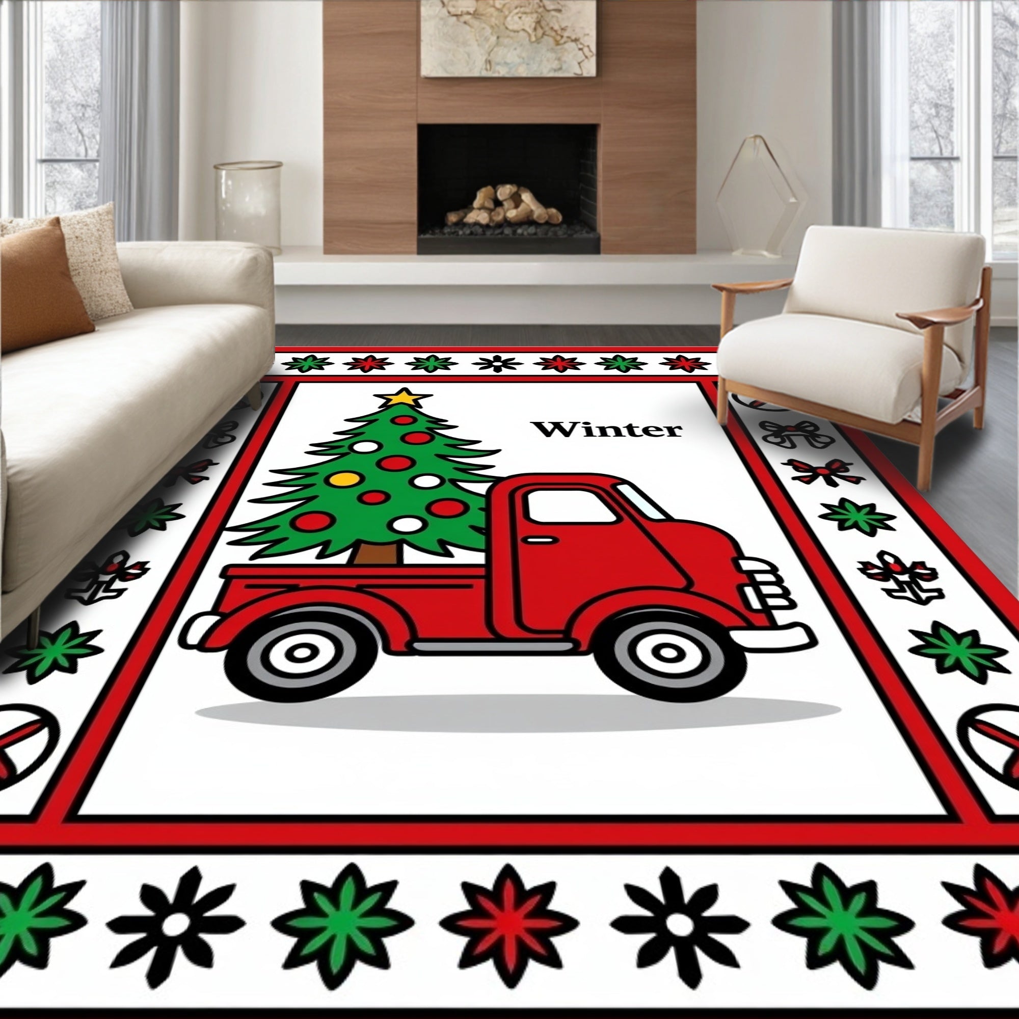 Red Vintage Truck Winter Christmas Tree Rug