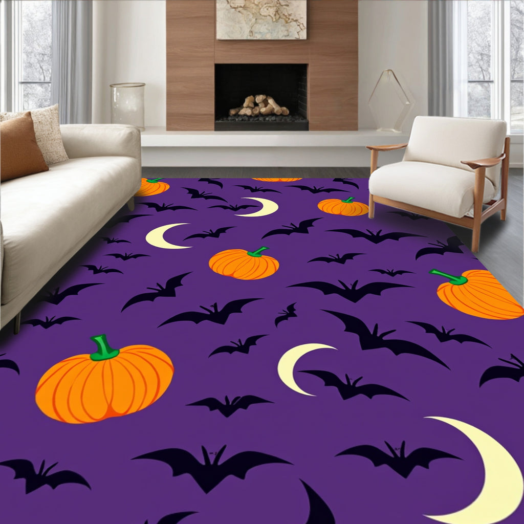 Purple Pumpkin Bat Moon Night Rug