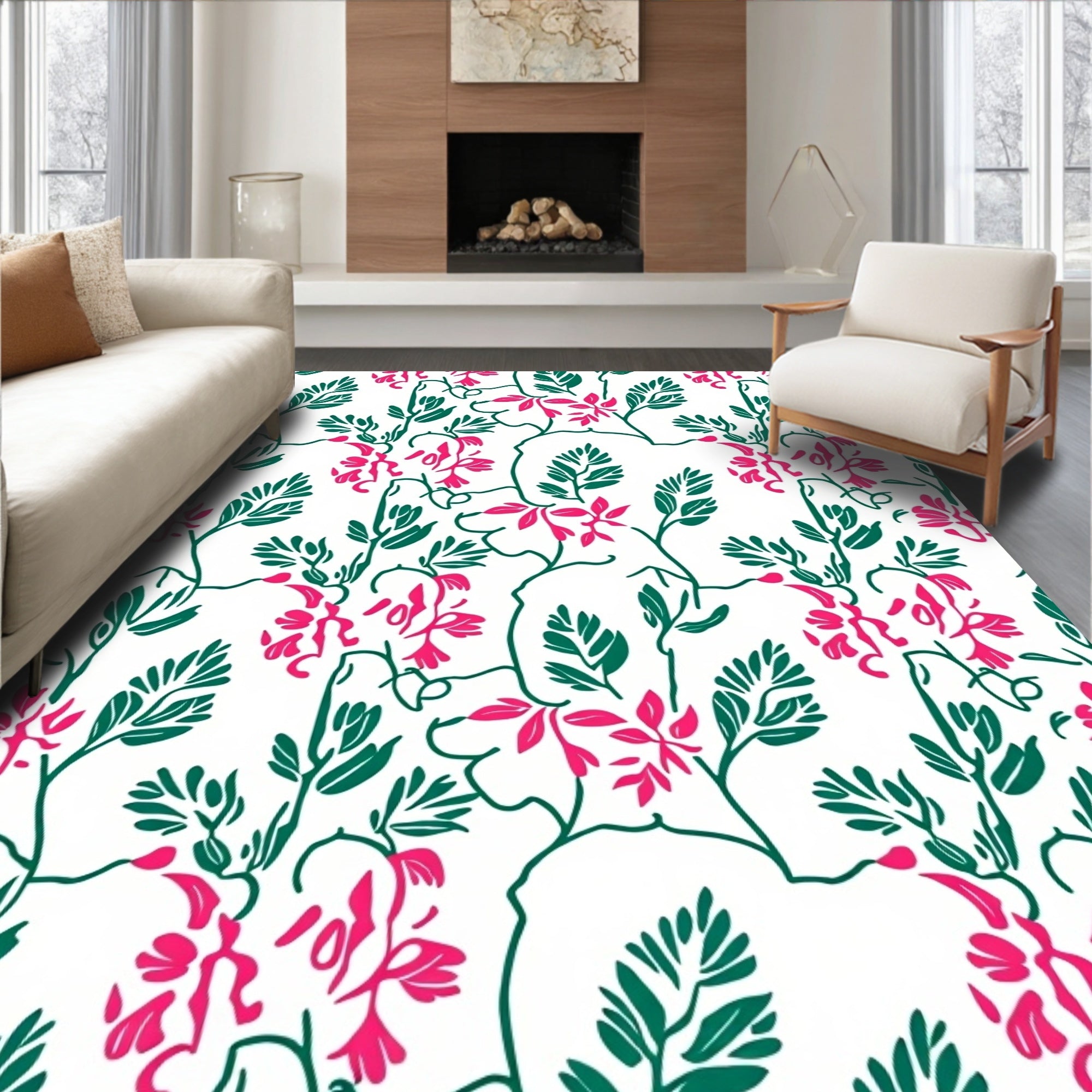 Whimsical Pink Floral Greenery Vine Rug