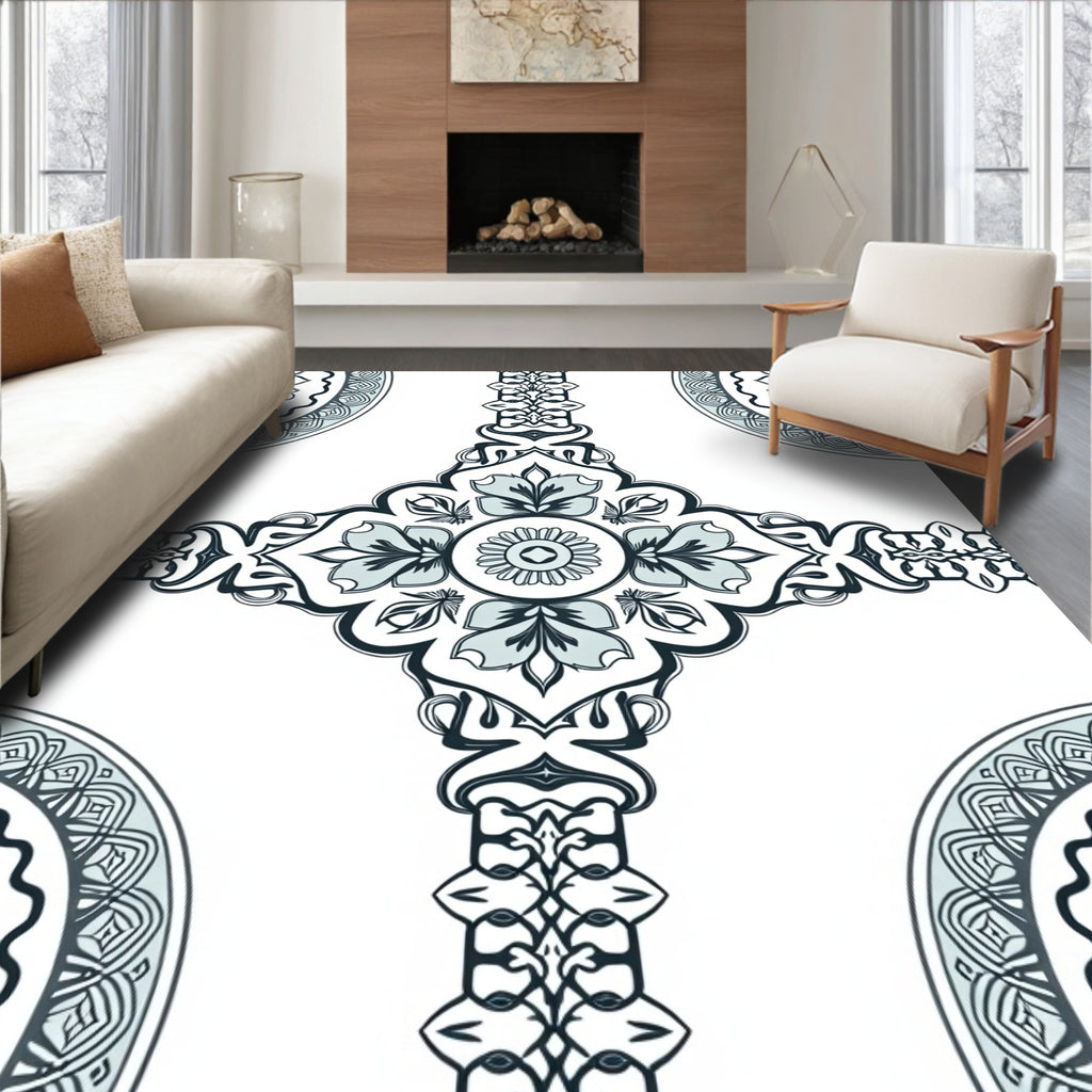 Pale Blue Floral Medallion Symmetry Rug