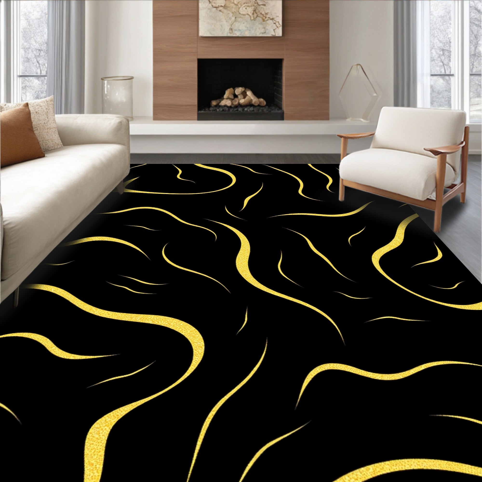 Bold Gold Swirls Black Abstract Rug