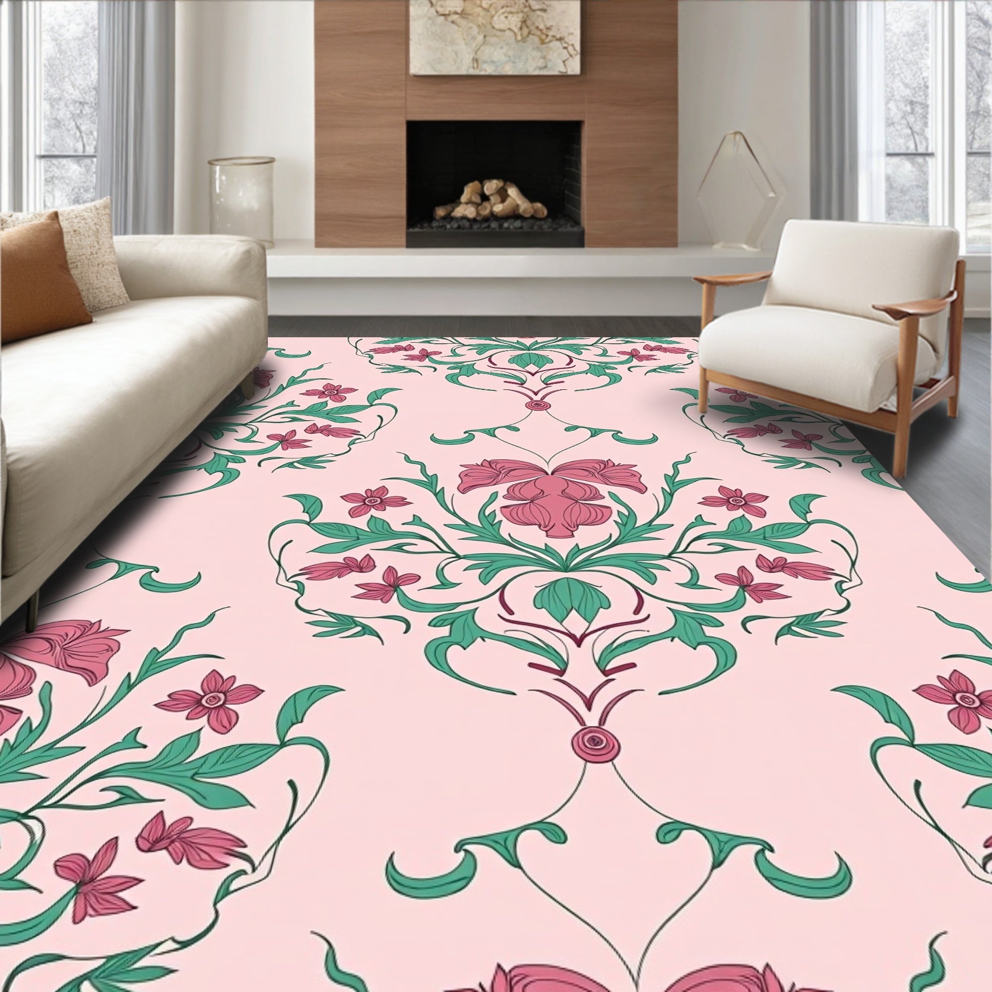Pink Floral Swirl Botanical Rug