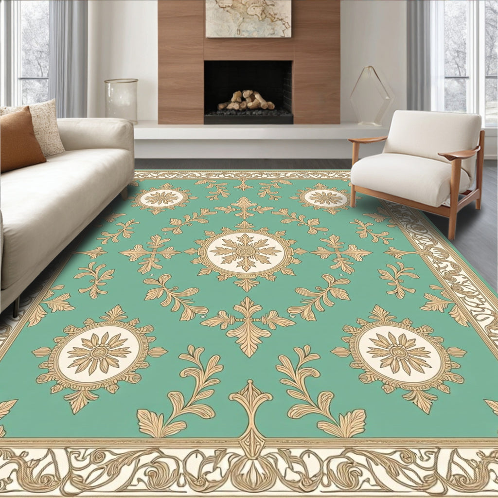 Teal Golden Medallion Acanthus Border Rug
