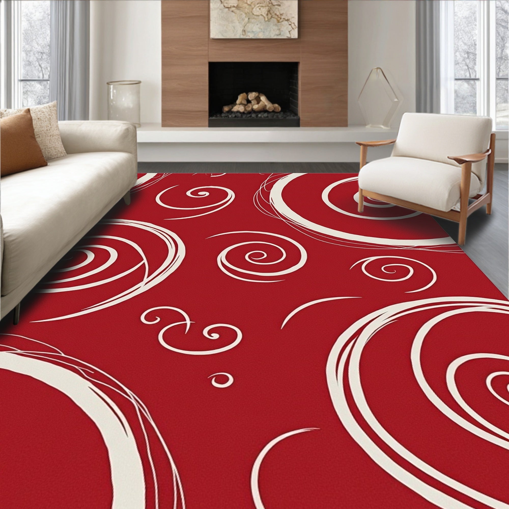 Crimson Red Swirling Abstract Rug