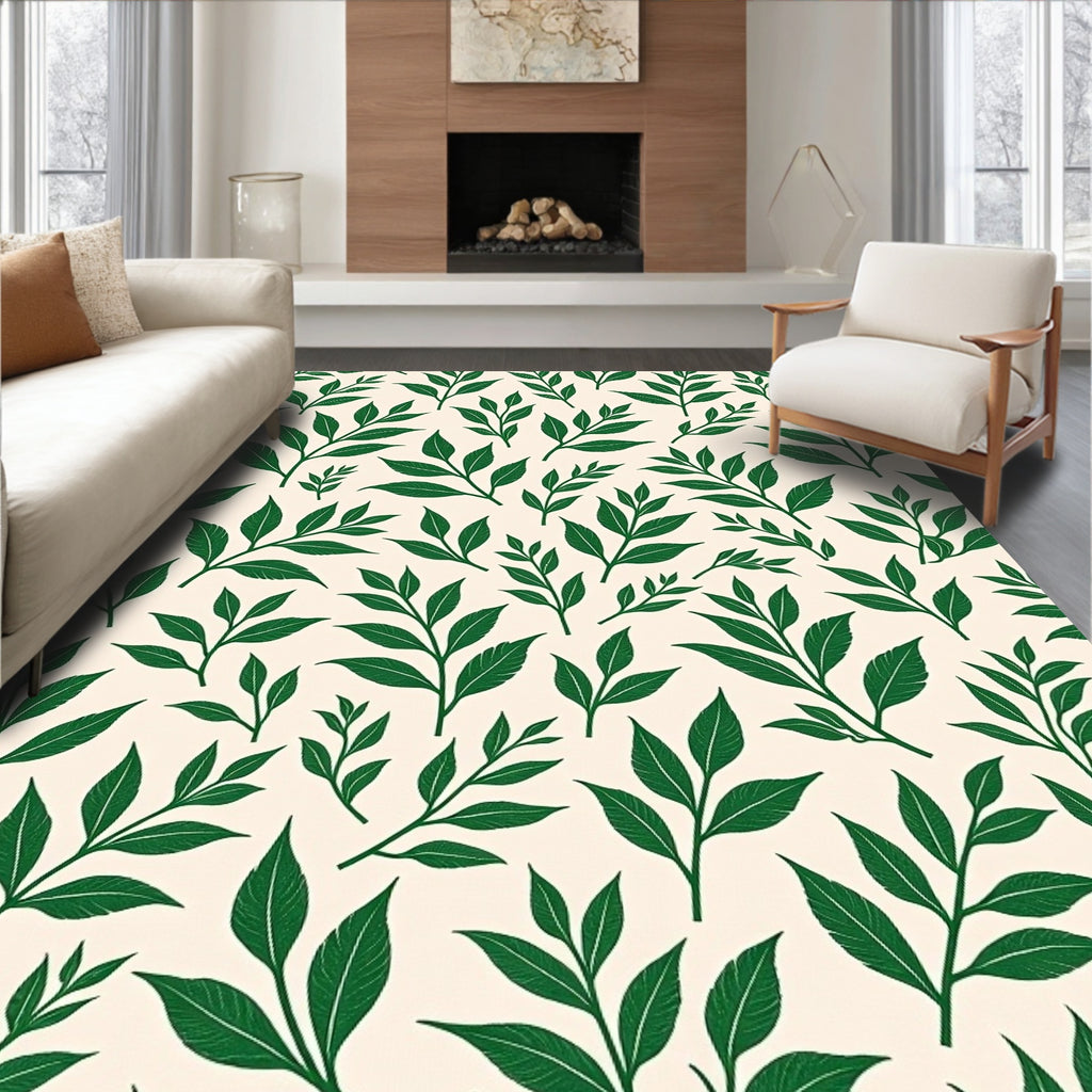 Deep Green Leafy Branches Pattern Rug
