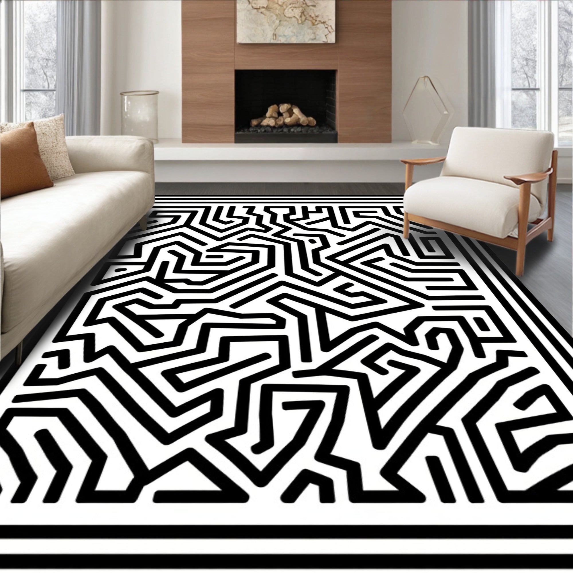 Abstract Black White Maze Lines Rug