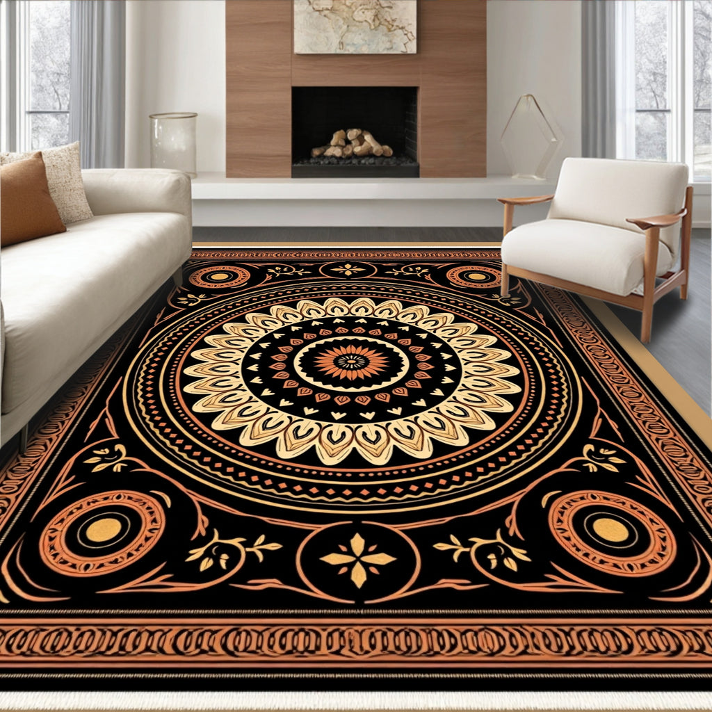 Ornate Black Ochre Mandala Rug