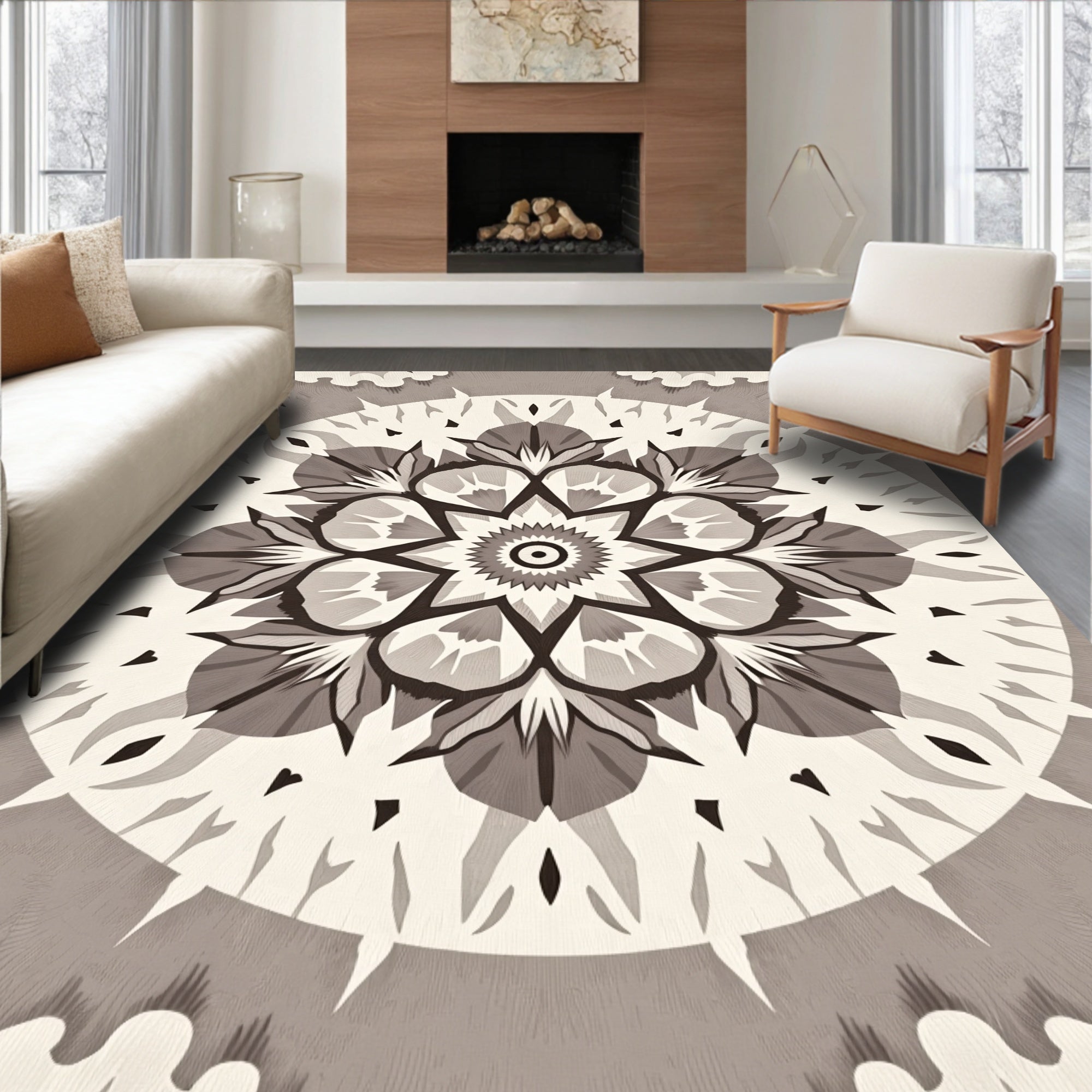 Monochromatic Radial Floral Mandala Rug