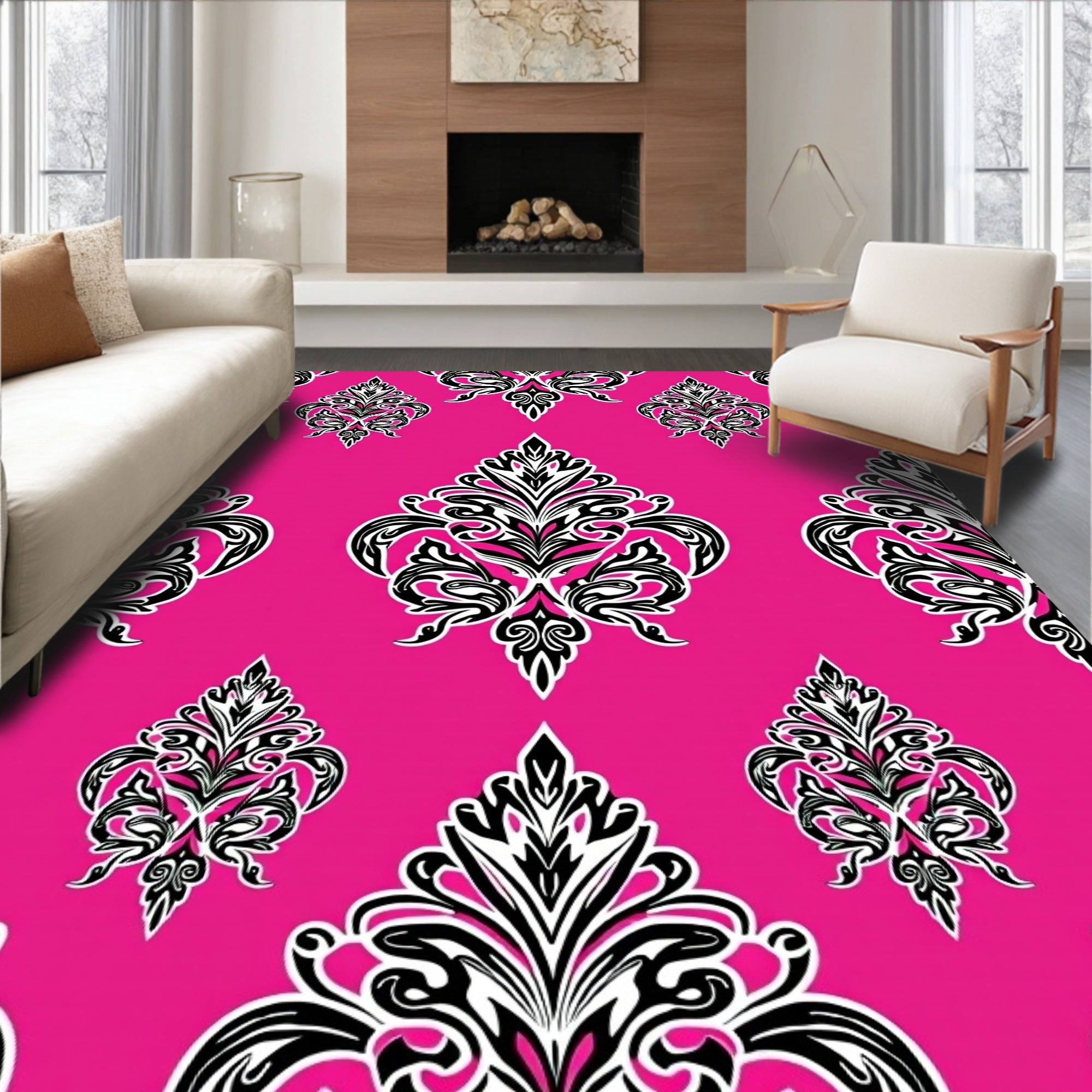 Bold Magenta Damask Element Rug