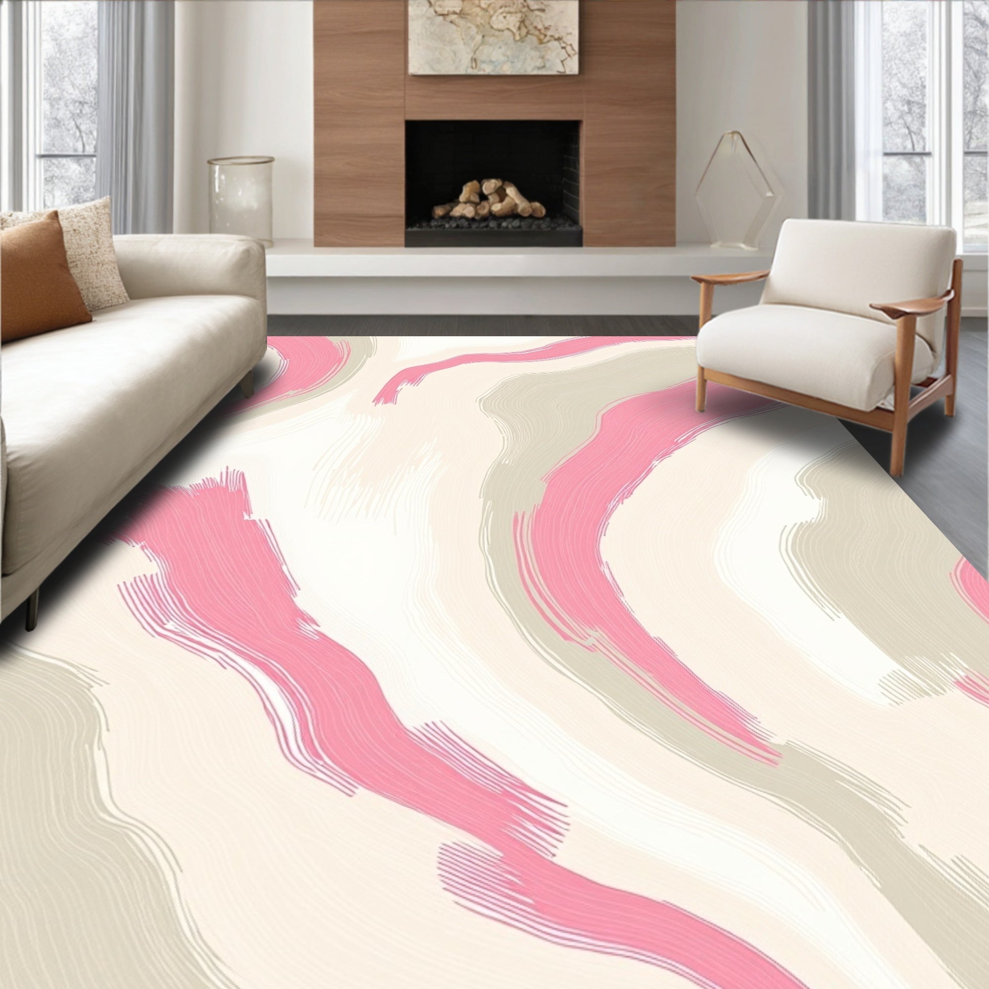 Soft Pink Beige Abstract Swirl Rug