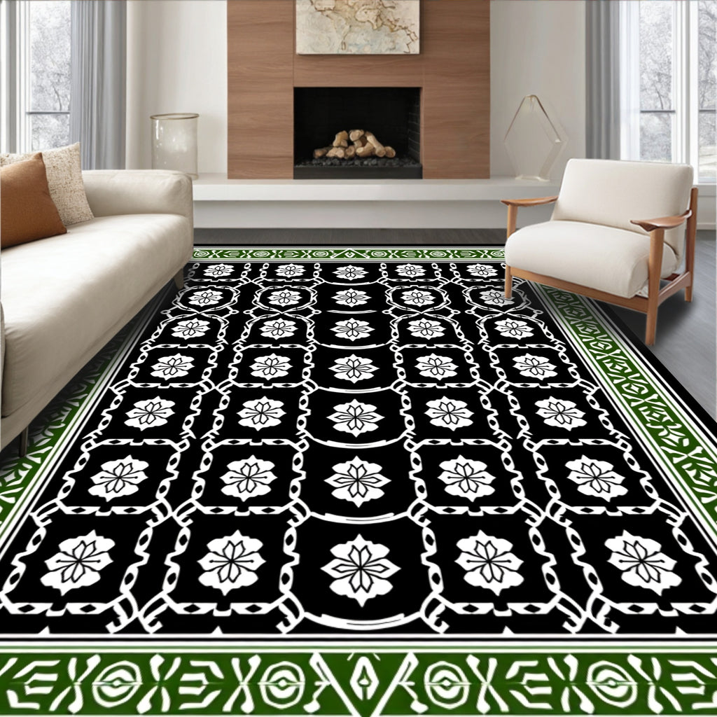 Black White Green Floral Lattice Border Rug