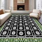 Black White Green Floral Lattice Border Rug
