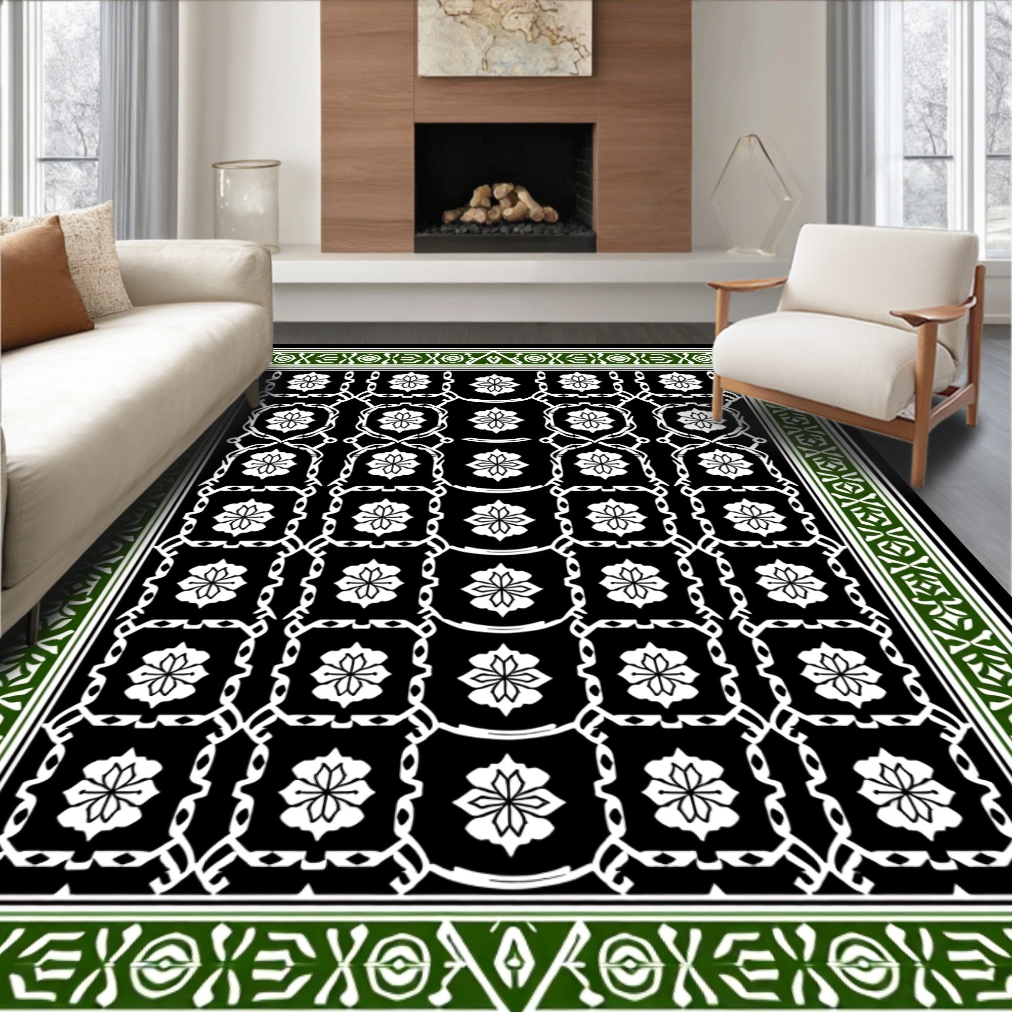 Black White Green Floral Lattice Border Rug