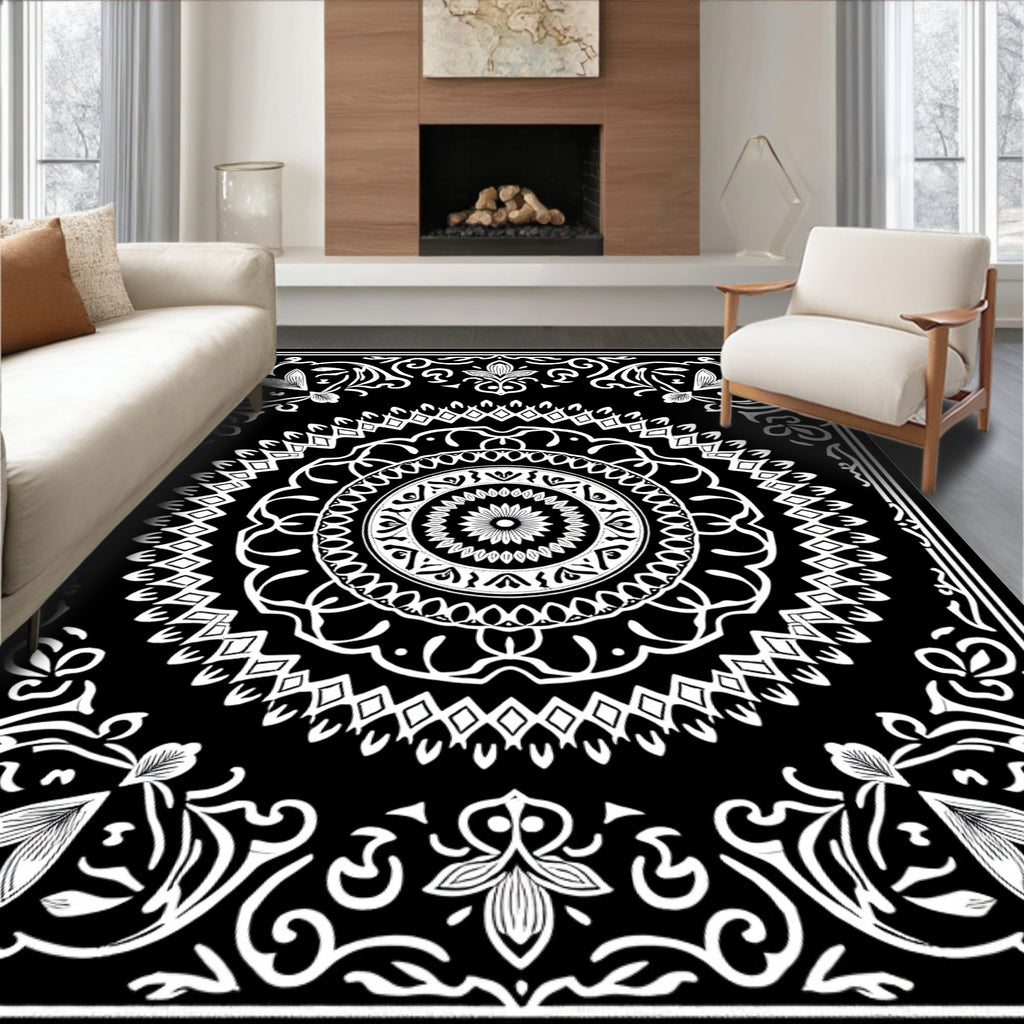 Black White Intricate Mandala Floral Rug