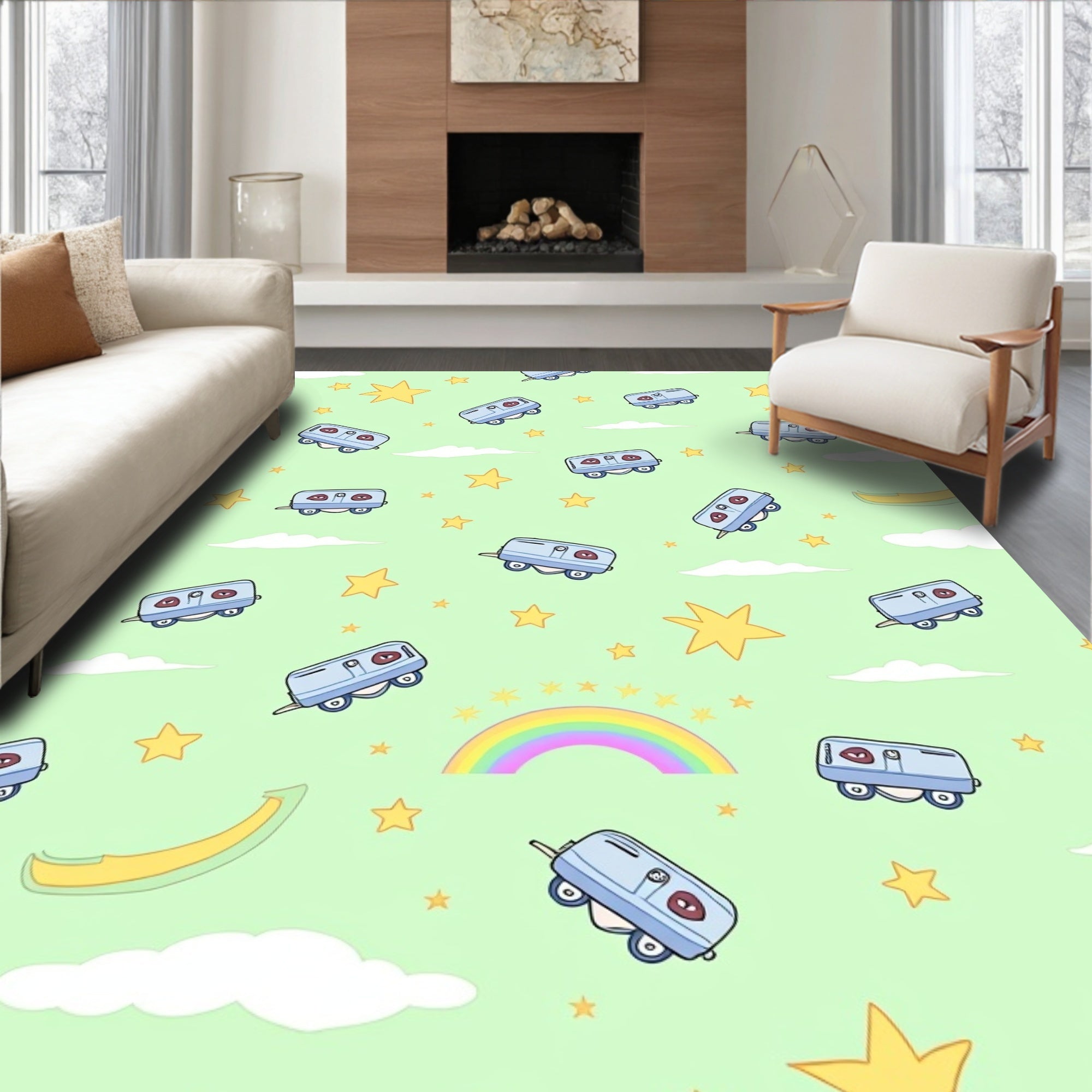 Whimsical Blue Train Stars Rainbow Rug