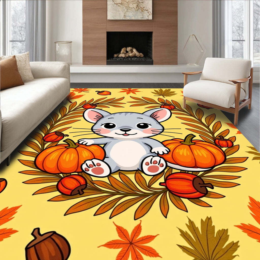 Cute Autumn Mouse Pumpkin Leaf Garland Rug