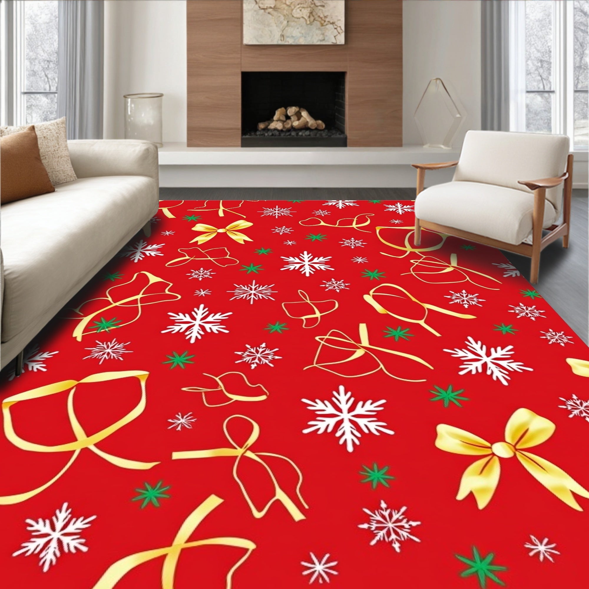 Crimson Woven Gold Snowflake Bow Rug