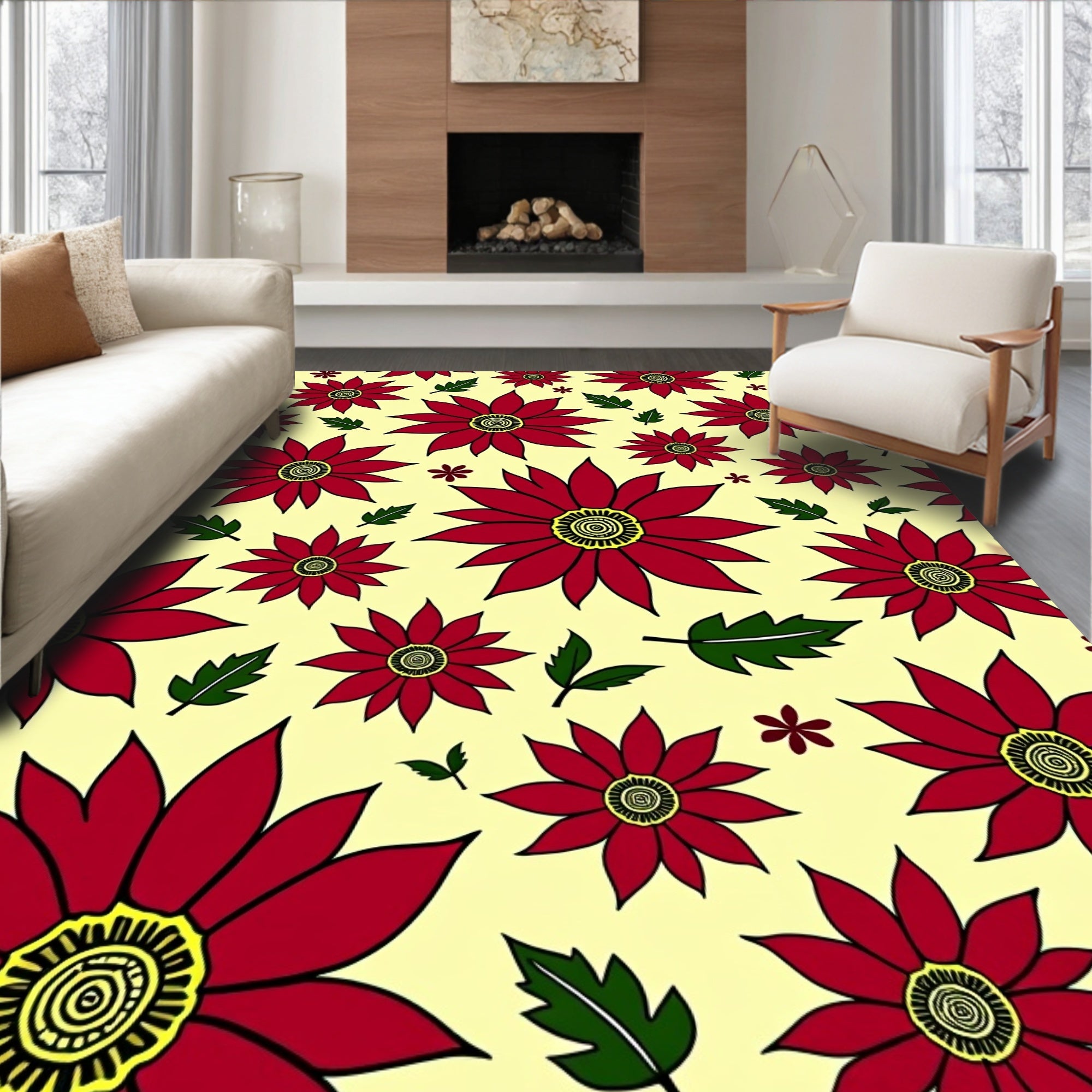 Crimson Floral Garden Cream Background Rug
