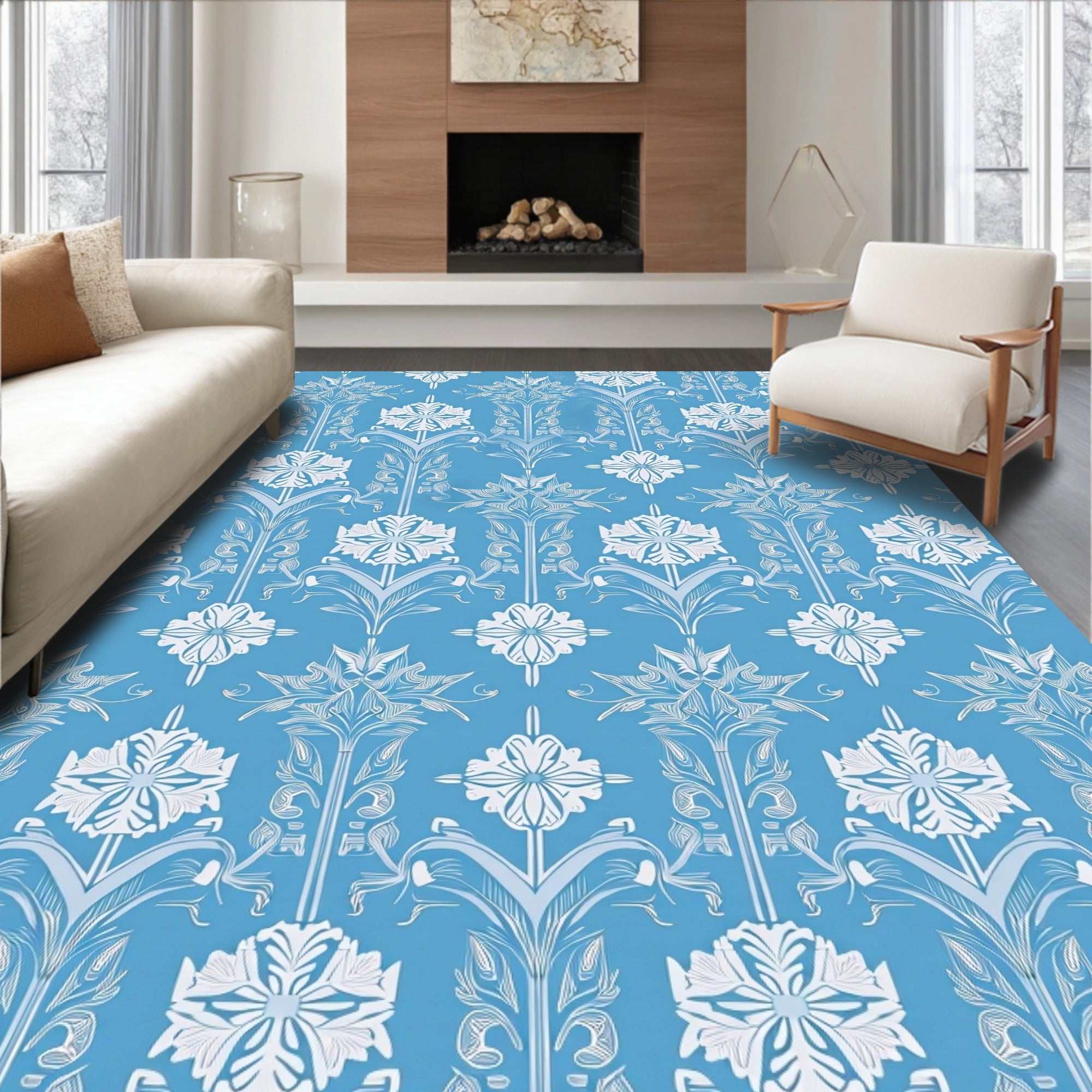 Blue Floral Damask Ornament Rug