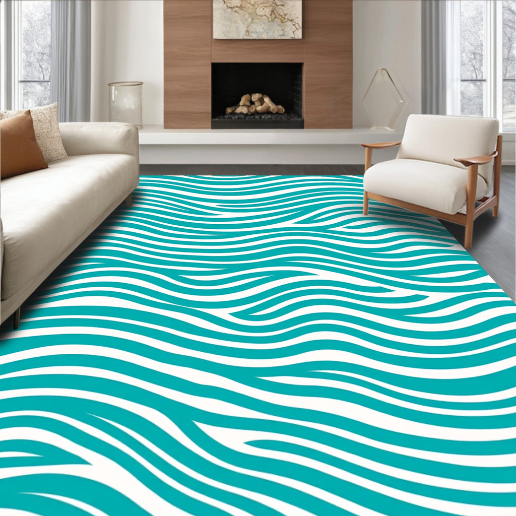 Teal White Ocean Wave Rug