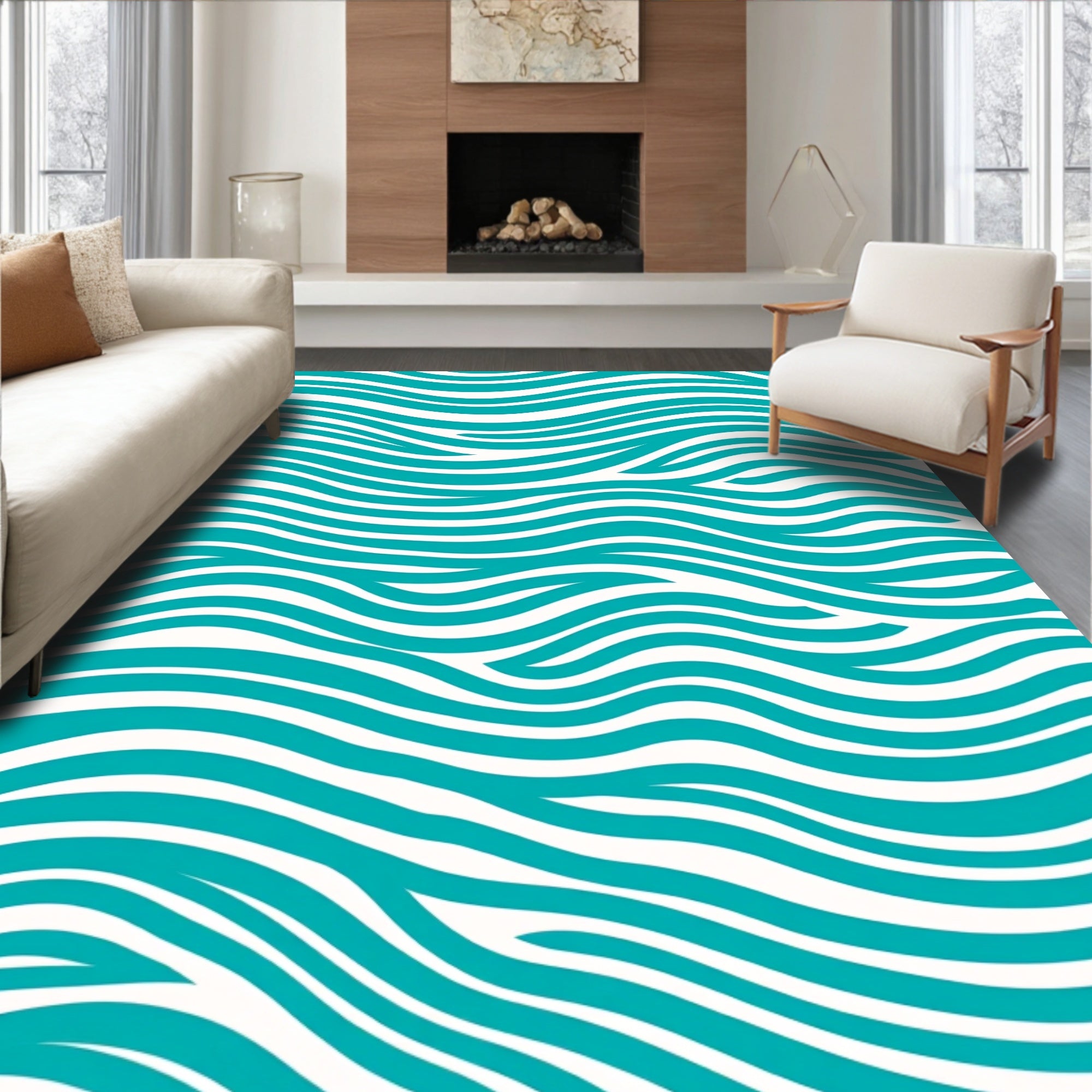 Teal White Ocean Wave Rug