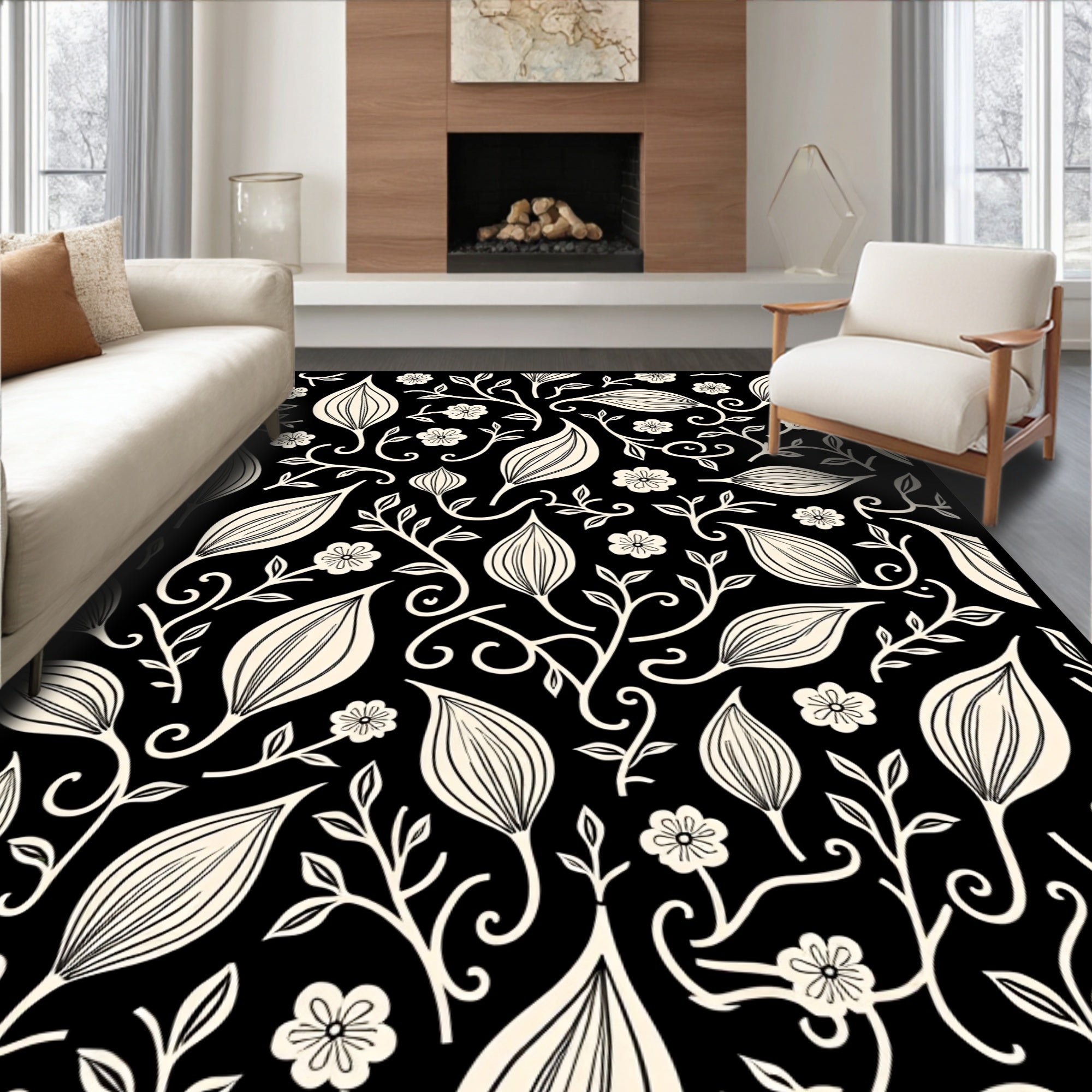 Cream Floral Vine Scrollwork Rug
