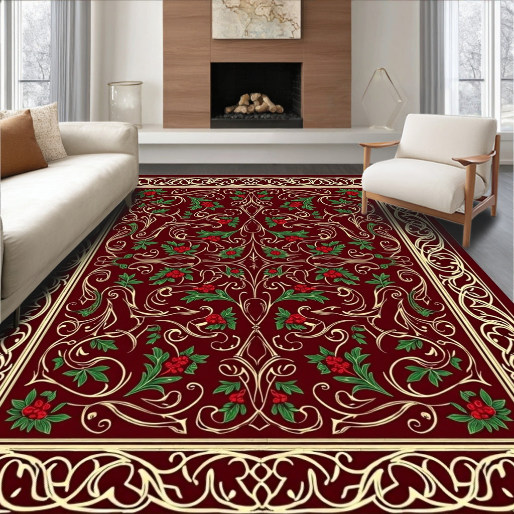 Burgundy Red Floral Scroll Vine Rug