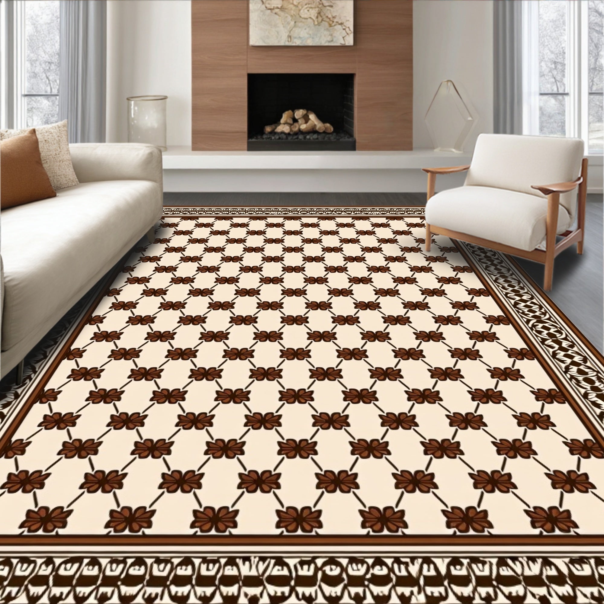 Brown Floral Lattice Border Rug