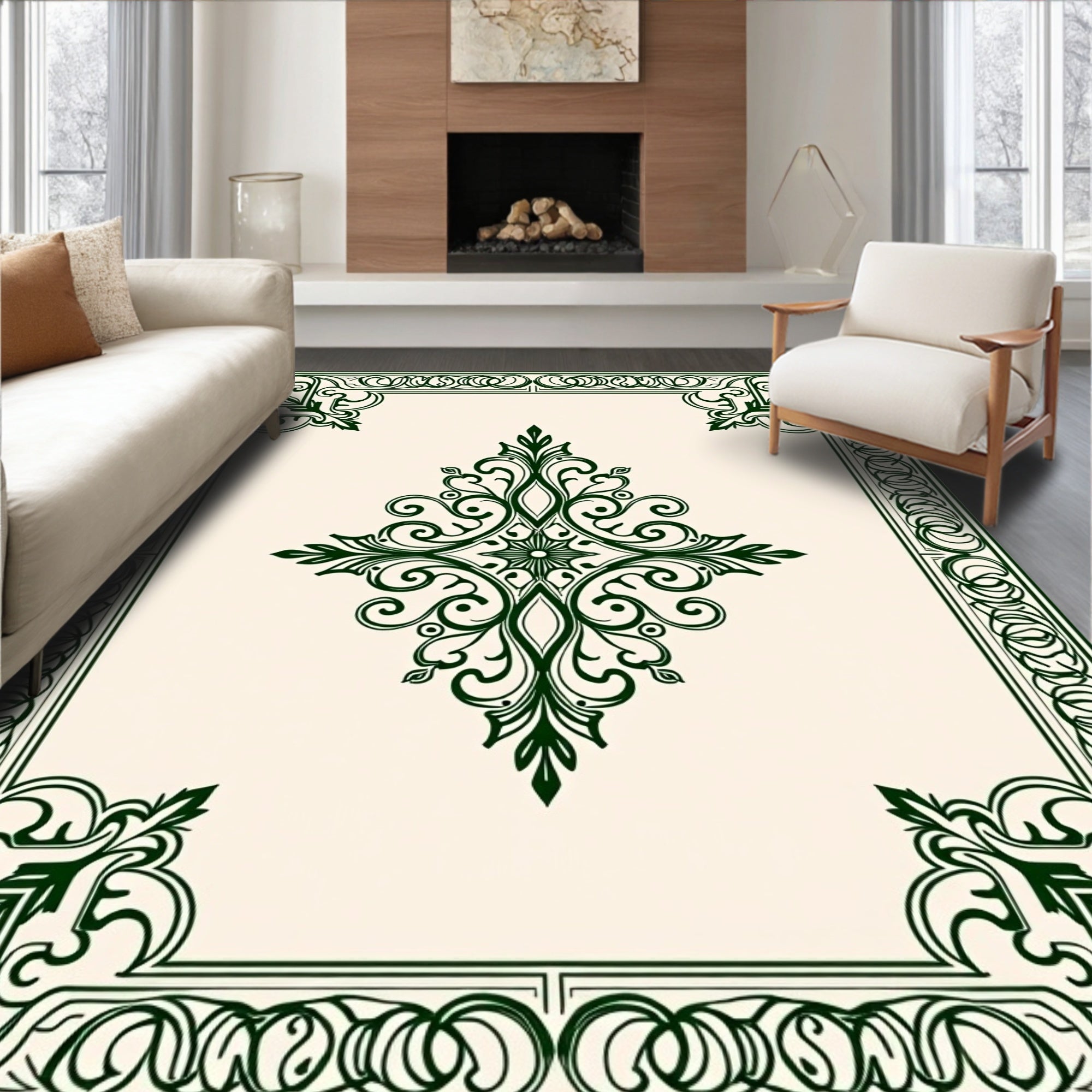 Traditional Dark Green Floral Garden Rug