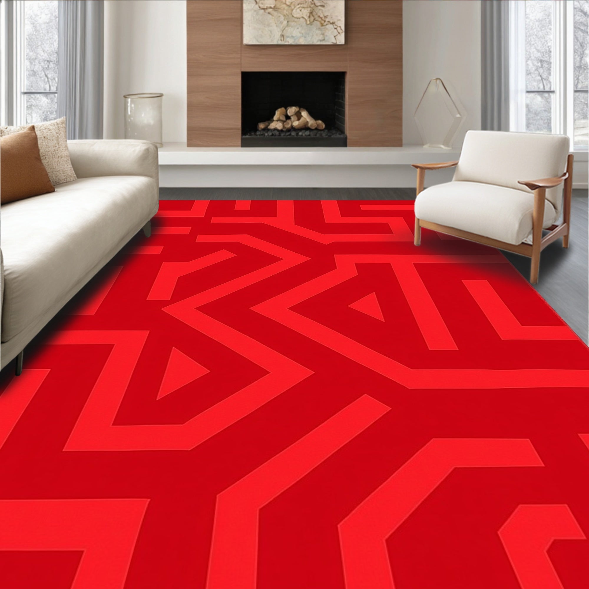 Crimson Red Geometric Maze Rug