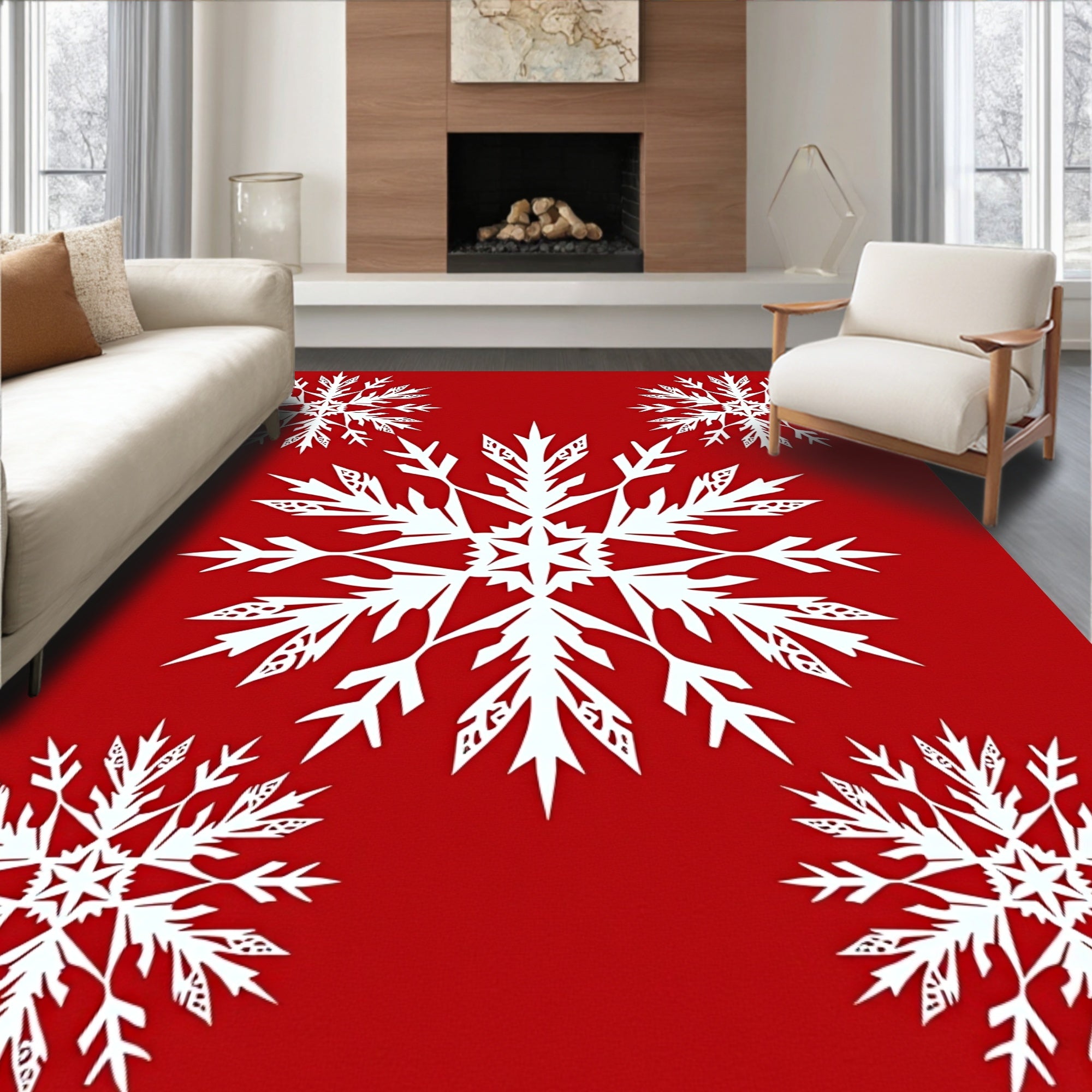 Crimson White Snowflake Collection Rug