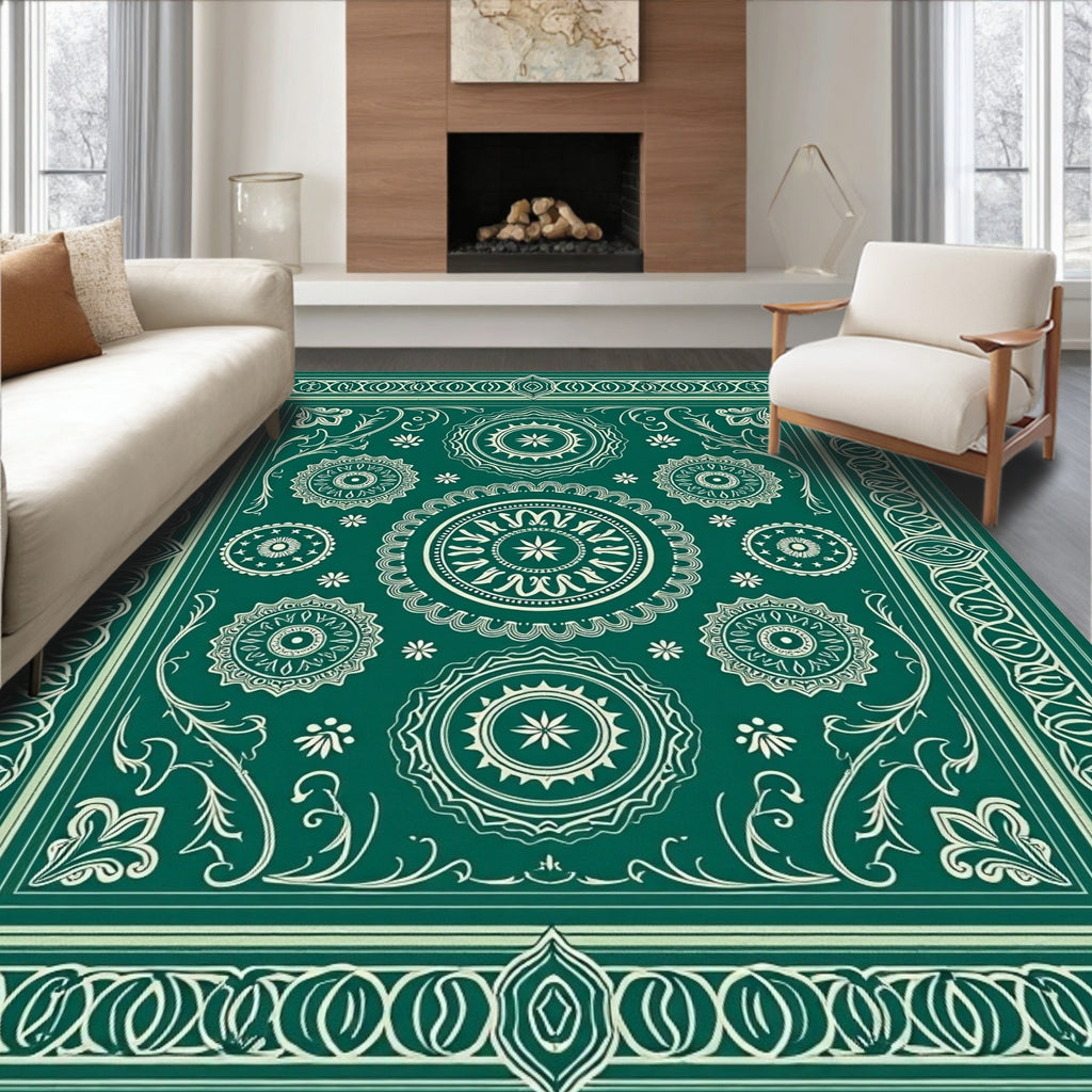 Emerald Green Medallion Floral Border Rug