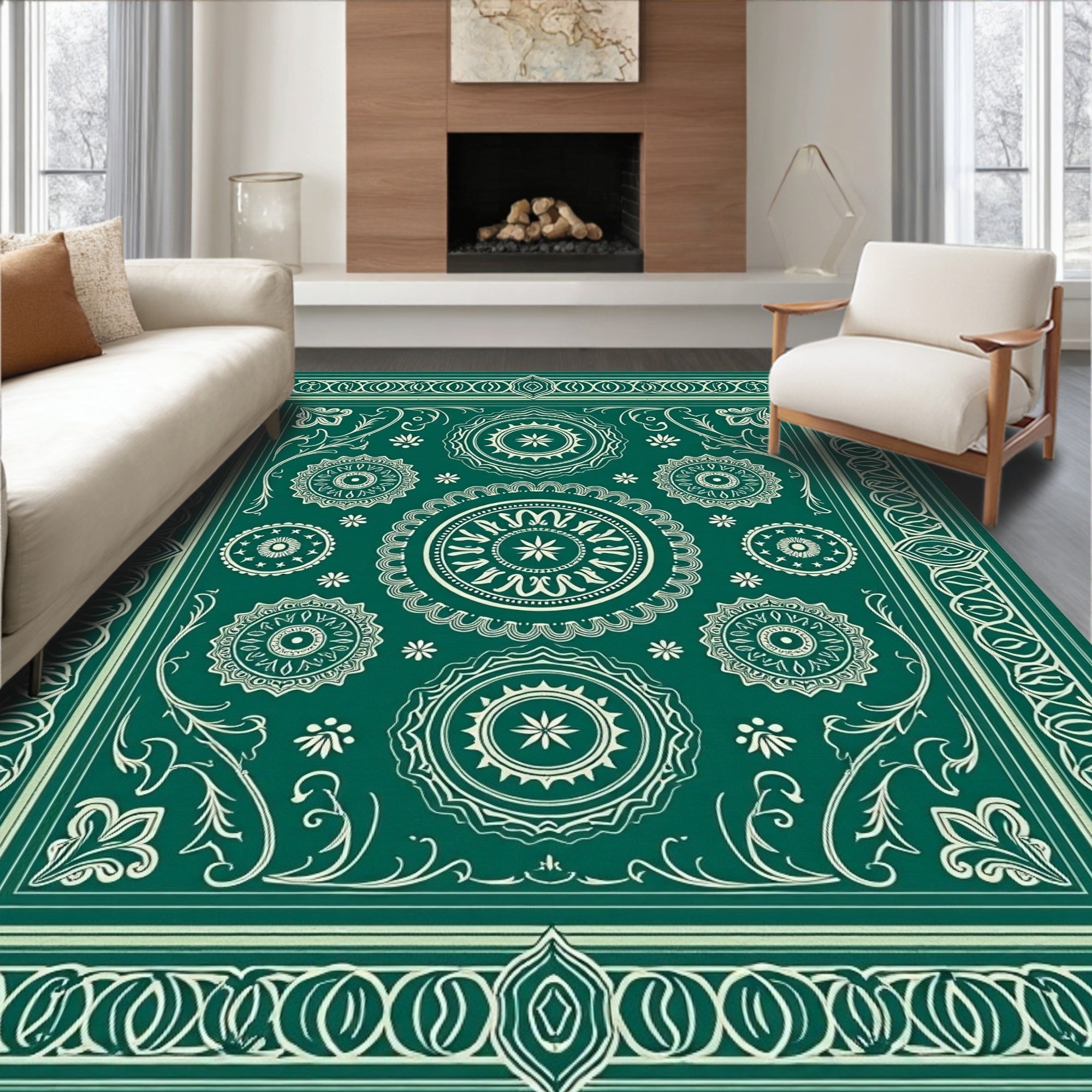 Emerald Green Medallion Floral Border Rug