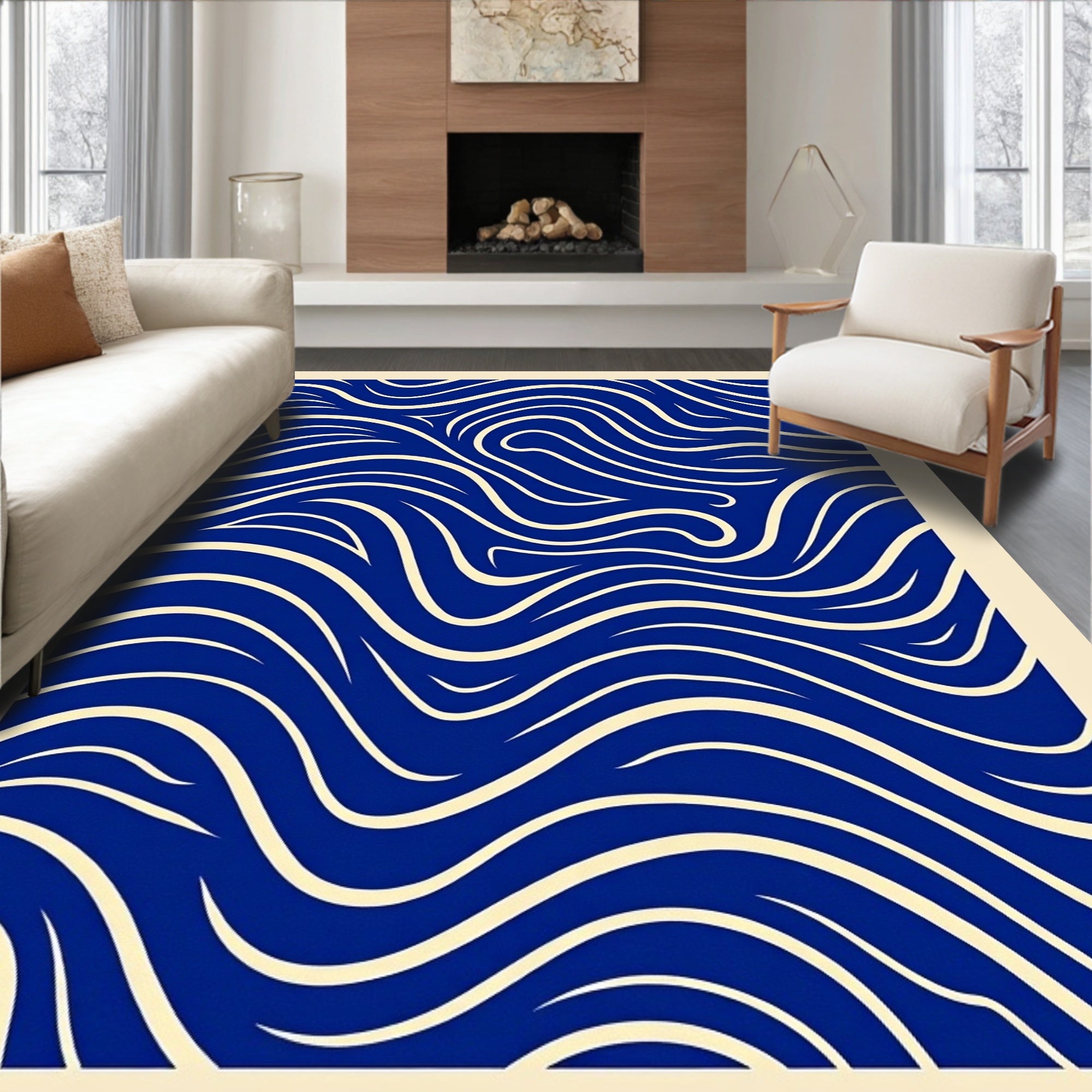 Deep Blue Cream Flowing Lines Rug