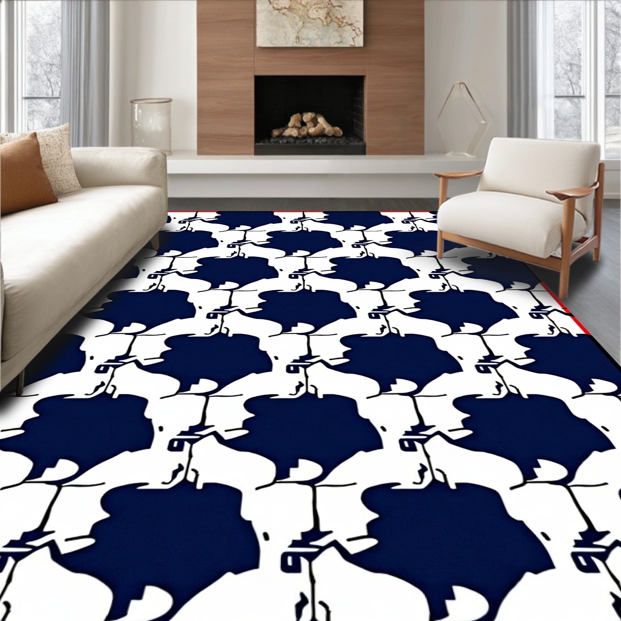 Bold Navy White Abstract Tile Rug