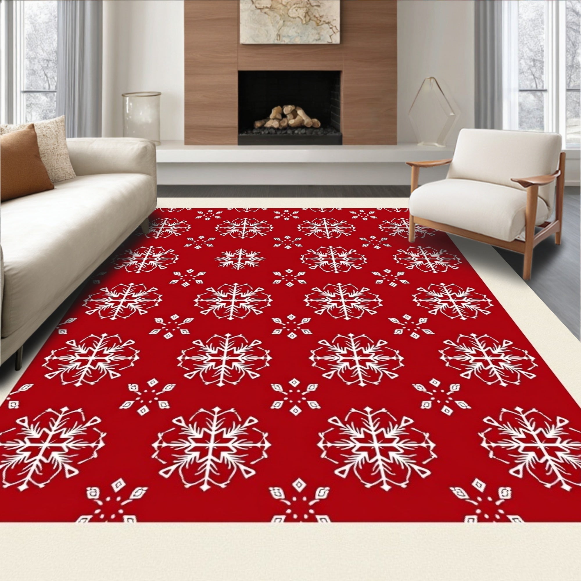 Red White Snowflake Christmas Fabric Rug