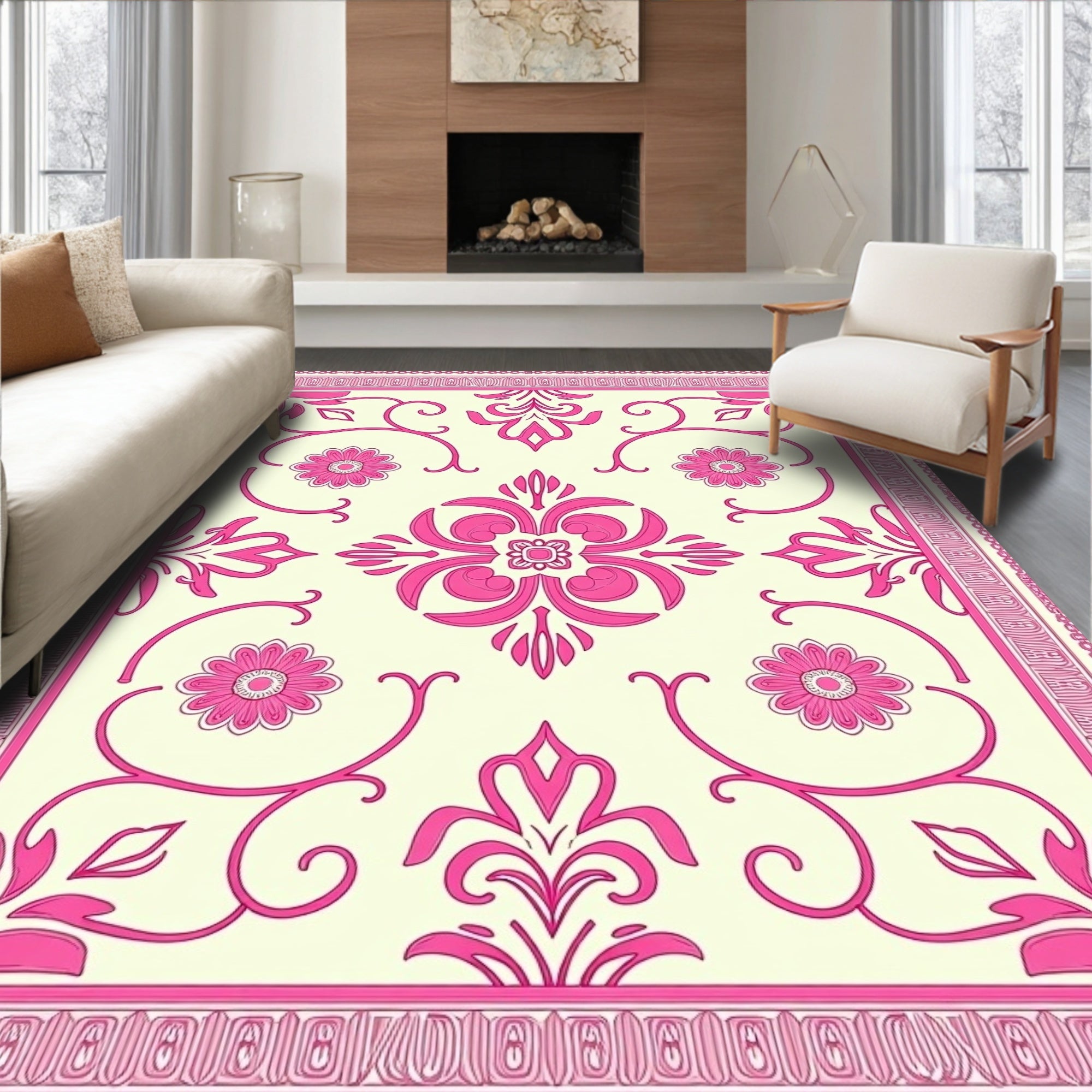 Vibrant Pink Floral Baroque Rug