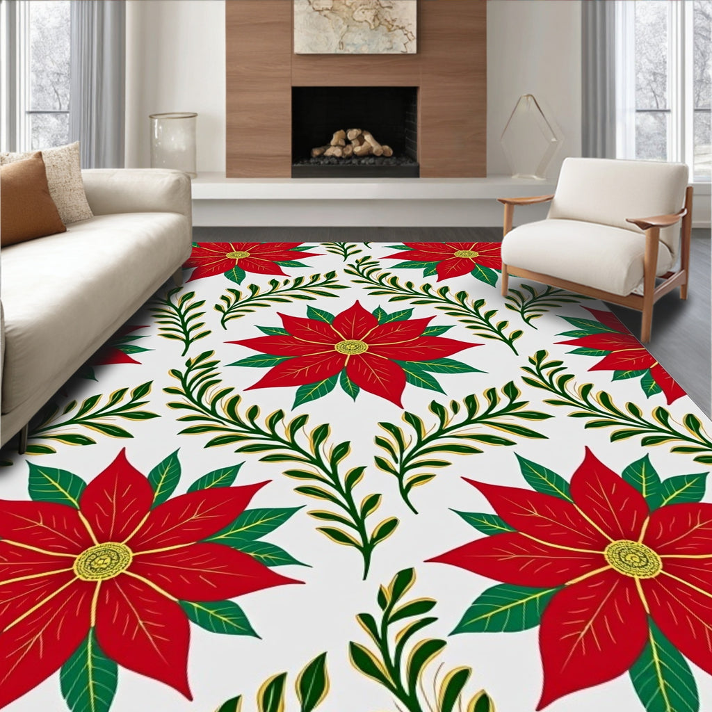 Red Poinsettia Floral Branches Arrangement Rug