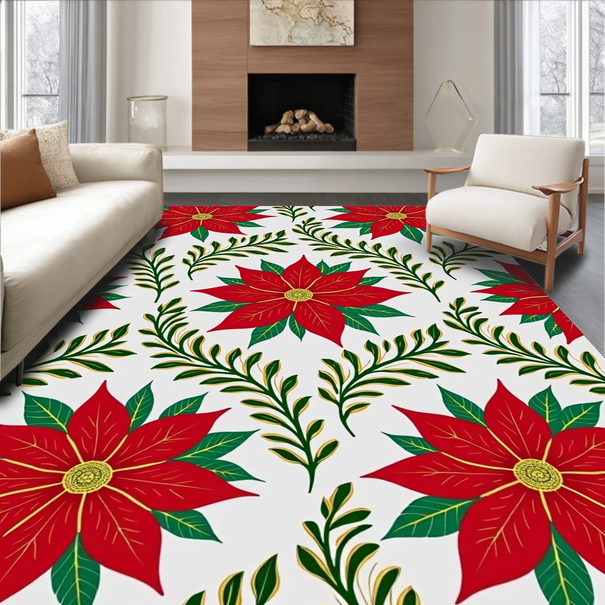 Red Poinsettia Floral Branches Arrangement Rug