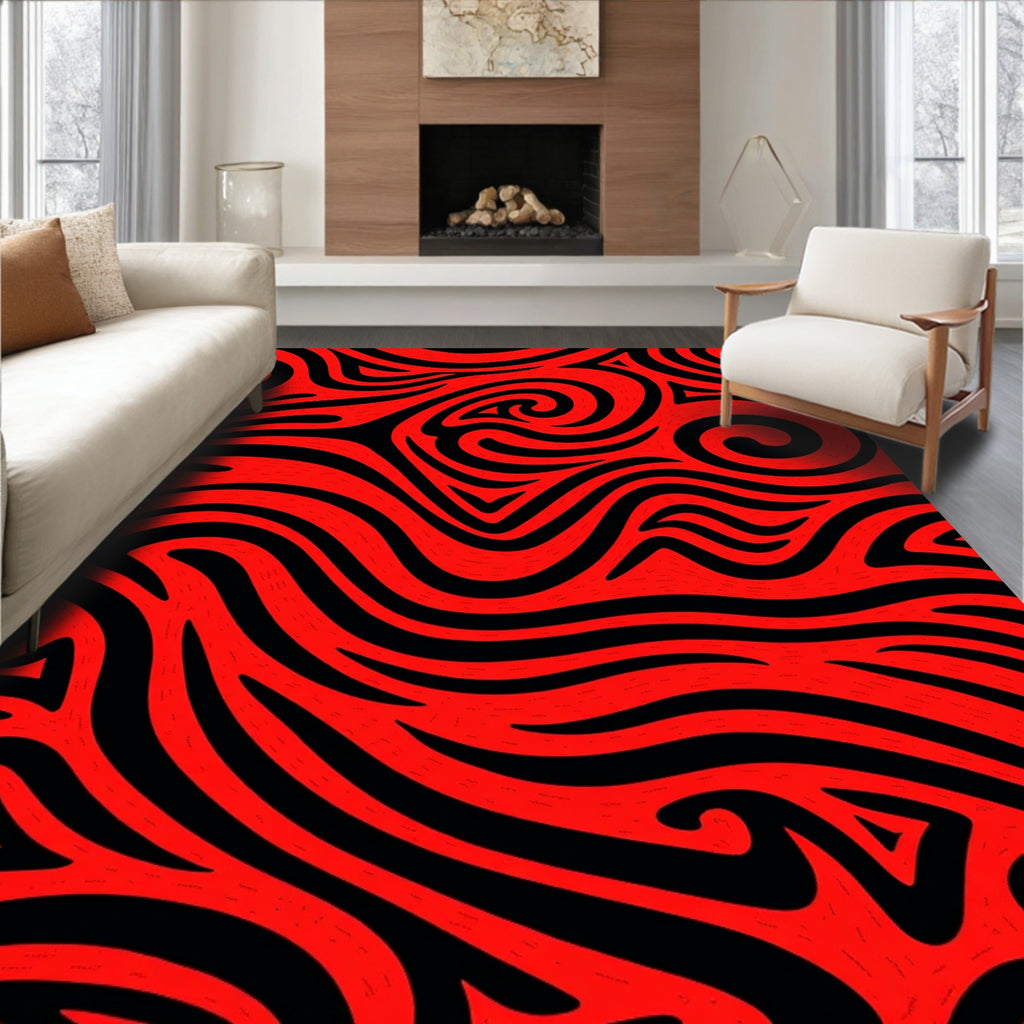 Vivid Red Black Swirling Lines Rug