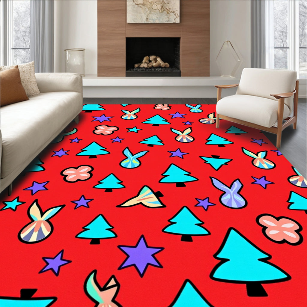 Red Blue Green Star Christmas Trees Rug
